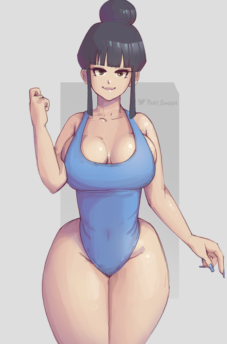 1girls, bare shoulders, big breasts, black hair, breasts, chichi, dragon ball, dragon ball z, eyelashes, female, female focus, female only, front view, hair bun, hips, huge breasts, large breasts, looking at viewer, mature female, milf, nail polish, one-piece swimsuit, partially clothed, phat smash, simple background, solo, solo female, solo focus, swimsuit, thick, thick thighs, thighs, wide hips