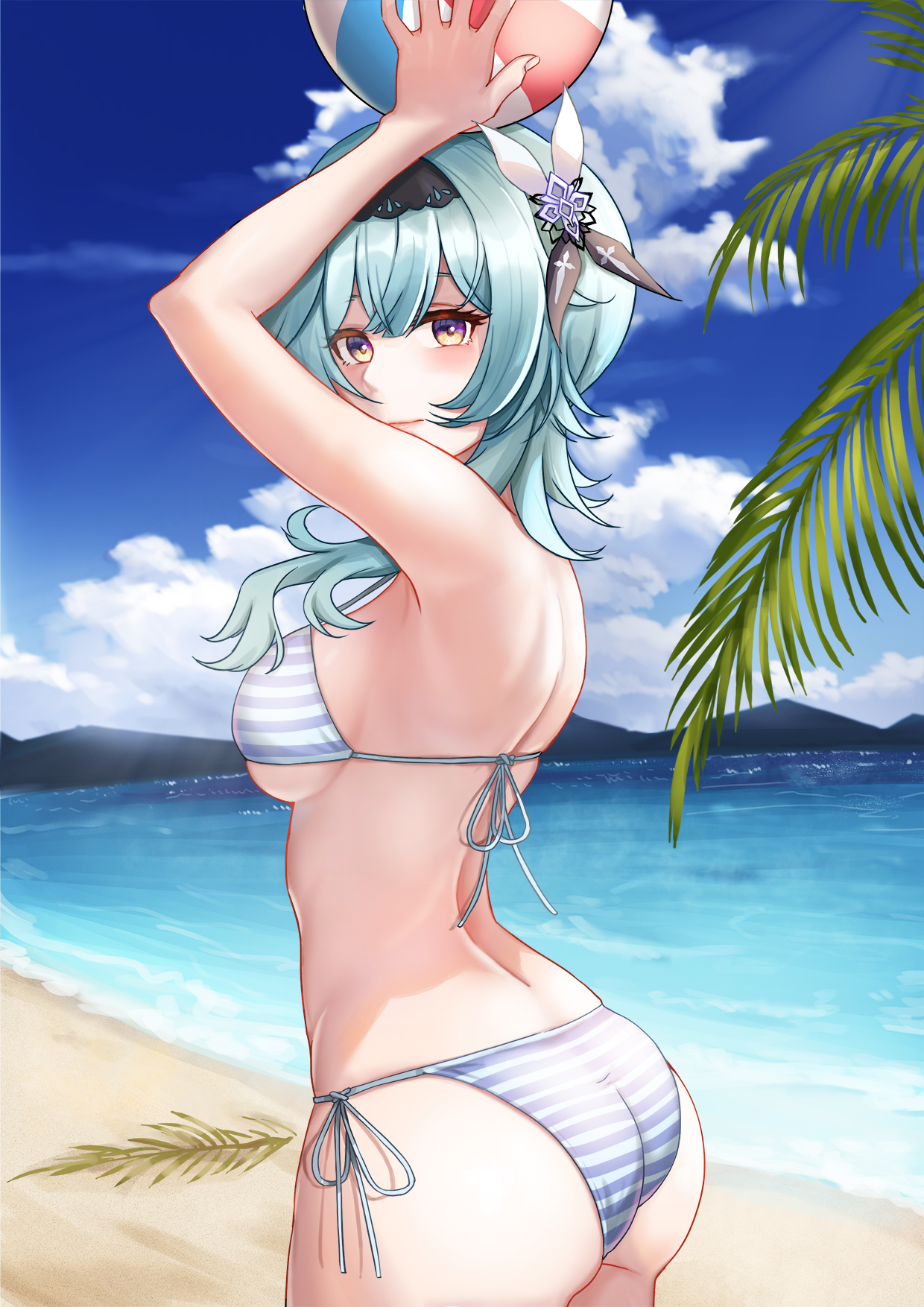 1girls, armpits, arms up, ass, beach, beach ball, bikini, breasts, eula (genshin impact), female, female only, genshin impact, hi res, looking at viewer, medium breasts, ocean, side view, sideboob, sky, smile, string bikini, striped bikini, underboob, yuyang