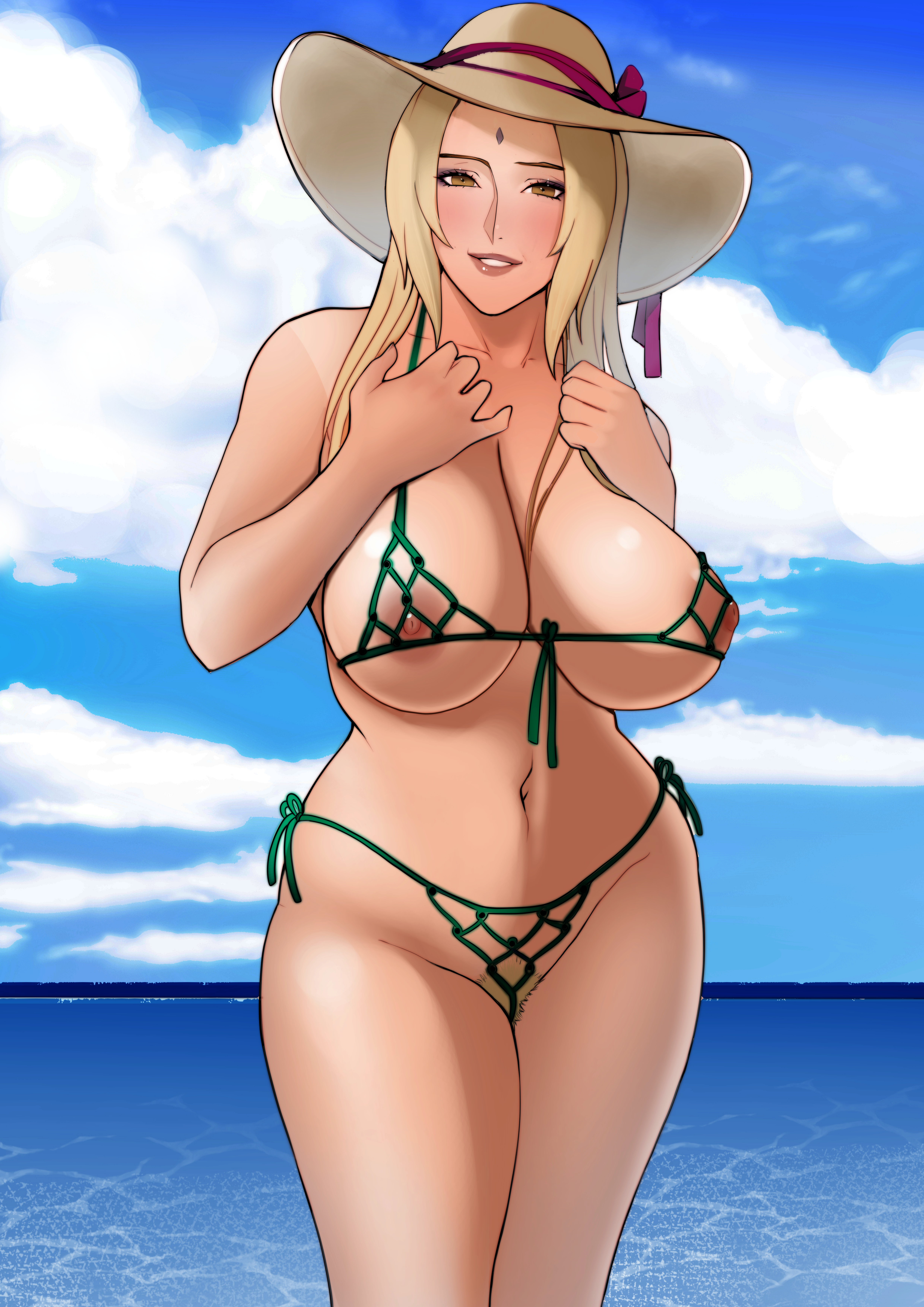 1girls, alternate hairstyle, bare legs, bare shoulders, beach, big breasts, bikini, blonde hair, blue sky, breasts, breasts bigger than head, brown eyes, cleavage, clouds, curvaceous, curvy, curvy body, curvy female, curvy figure, female, female only, front-tie bikini, functionally nude, gilf, green bikini, hair down, hairy, hairy pussy, hat, headwear, human, jnsdh, landscape, large breasts, loose hair, makeup, mature, mature female, midriff, milf, naruto, naruto (series), naruto shippuden, navel, nipples, ocean, older female, outdoors, parted lips, pinup, pubic hair, pussy, revealing swimsuit, see-through, see-through bikini, shiny hair, shiny skin, shounen jump, side-tie bikini, skindentation, sky, solo, swimsuit, tsunade, uncensored, visible nipples, voluptuous, water, wide hips