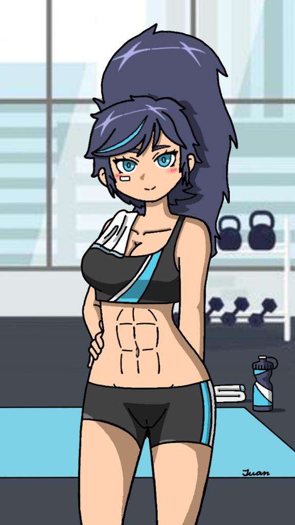 abs alternate_version_available bandage_on_face big_breasts blue_eyes blush blush_stickers bottle curvy curvy_figure cute dark_blue_hair female gym gym_clothes gym_shorts hand_behind_back hand_on_hip huge_breasts kim_han_yi_(writers_crusaders) legs looking_at_viewer original_character ponytail shorts smile smiling solo_female sports_bra tall_female thick_thighs thighs towel towel_on_shoulder wcjuan writers_crusaders yoga_mat