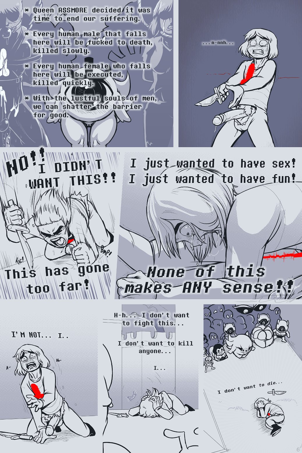 1boy alternate_universe anthro breasts bulge dummy_(undertale) english_text female frisk frisky_(under(her)tail) genital_outline glyde group human humanoid male mammal monster monster_girl multiple_girls page_6 penis_outline rule_63 snow_creature surrounded sweat tagme thewill under(her)tail undertale video_games