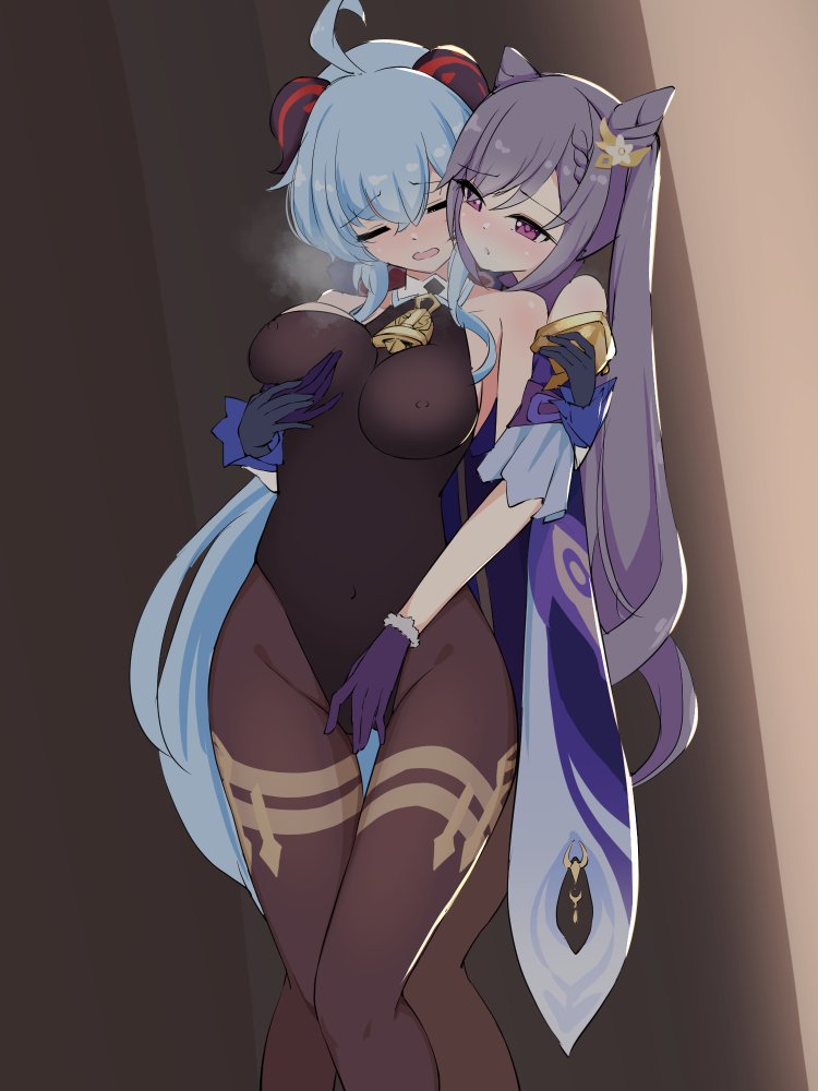 blue hair, breast grab, breasts, chapa kari, closed eyes, female, female only, fingering, from behind, ganyu (genshin impact), genshin impact, gloves, horn, keqing (genshin impact), leotard, long hair, purple eyes, purple hair, standing, twintails, yuri