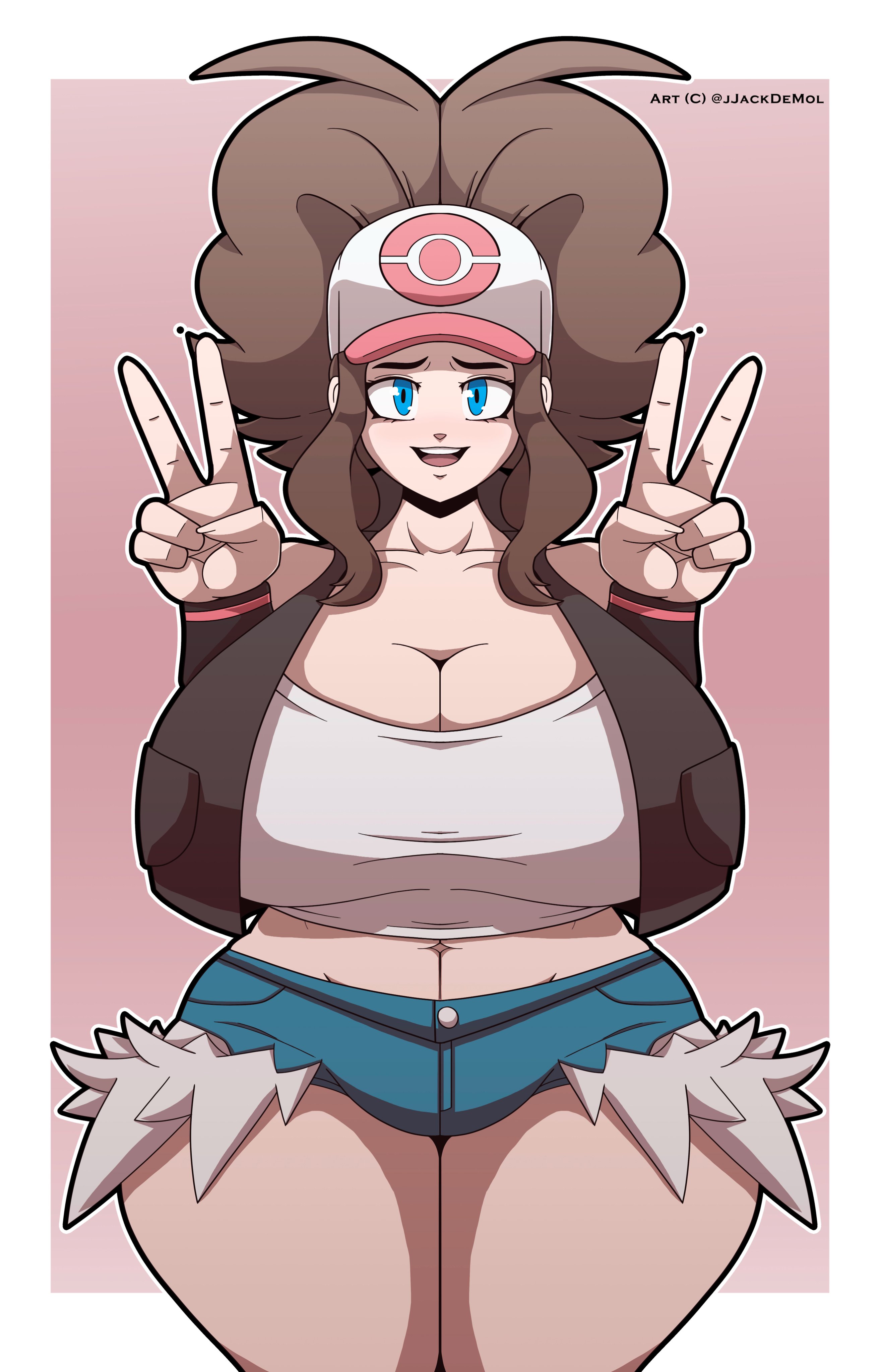 1girls, alternate body type, alternate breast size, bare shoulders, big breasts, blindstash, breasts, brown hair, cap, cleavage, clothed, female, female only, front view, hilda (pokemon), hips, huge breasts, human, human only, humanoid, large breasts, looking at viewer, midriff, navel, pokemon, pokemon bw, ponytail, shorts, signature, solo, solo female, standing, tagme, thick, thick thighs, thighs, v, v sign, wide hips
