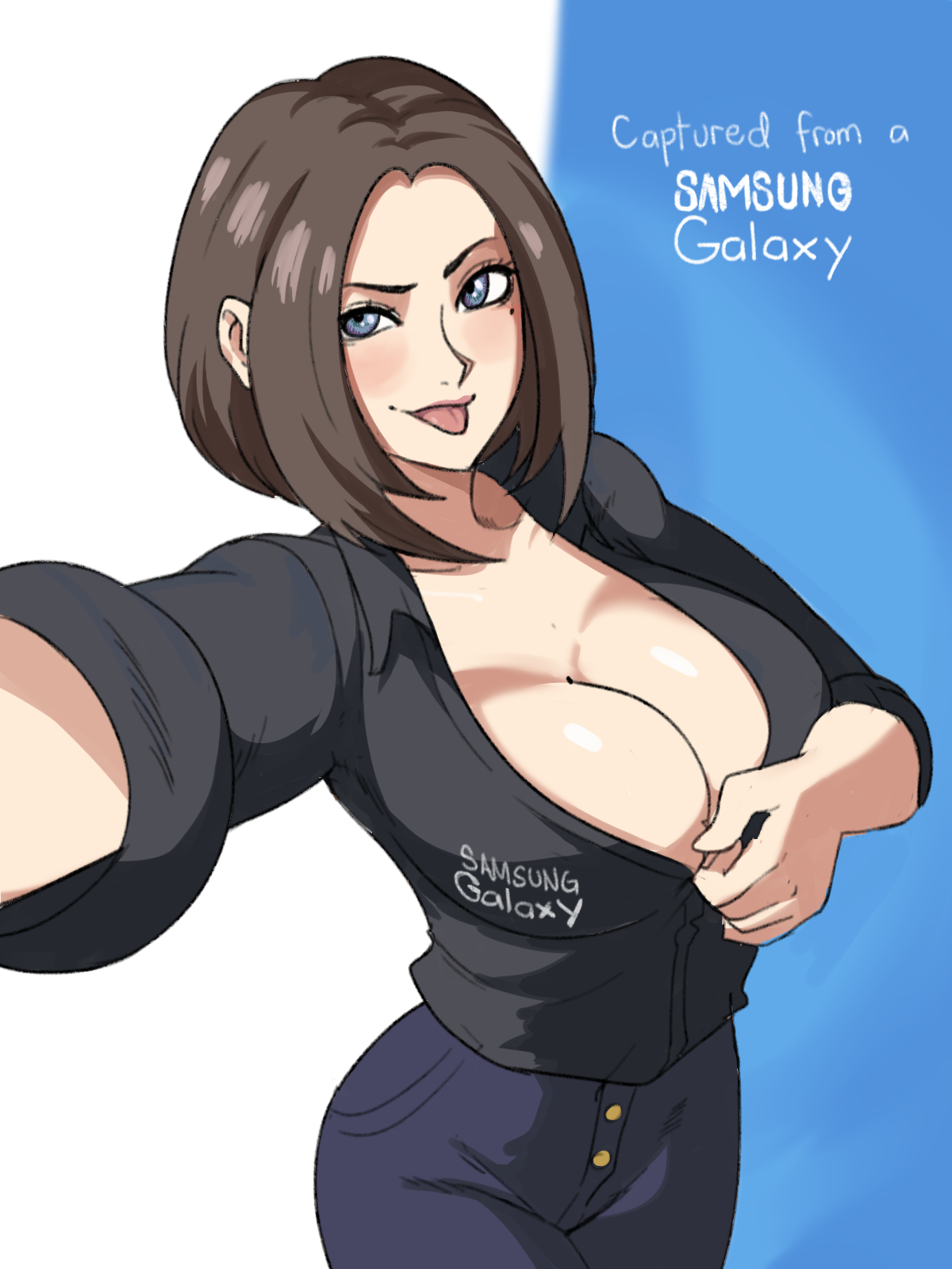 1girls, blue eyes, breasts, brown hair, cleavage, female, female only, looking at viewer, pants, samsung, samsung galaxy, samsung sam, seductive, selfie, shirt, smile, solo, tongue, tongue out