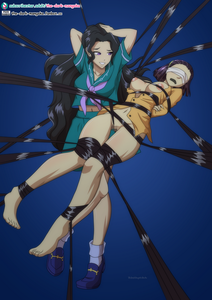 2girls absurdly_long_hair areolae barefoot bdsm black_hair blindfold blue_background bondage bottomless breasts breasts_out diamond_is_unbreakable feet female female_only grin hair_bondage human jojo's_bizarre_adventure large_breasts love_deluxe midriff mosaic_censoring multiple_girls navel nipple_bondage nipples purple_eyes school_uniform shoes short_hair shounen_jump simple_background tape_gag the_dark_mangaka tied_up toes tomoko_higashikata yukako_yamagishi yuri