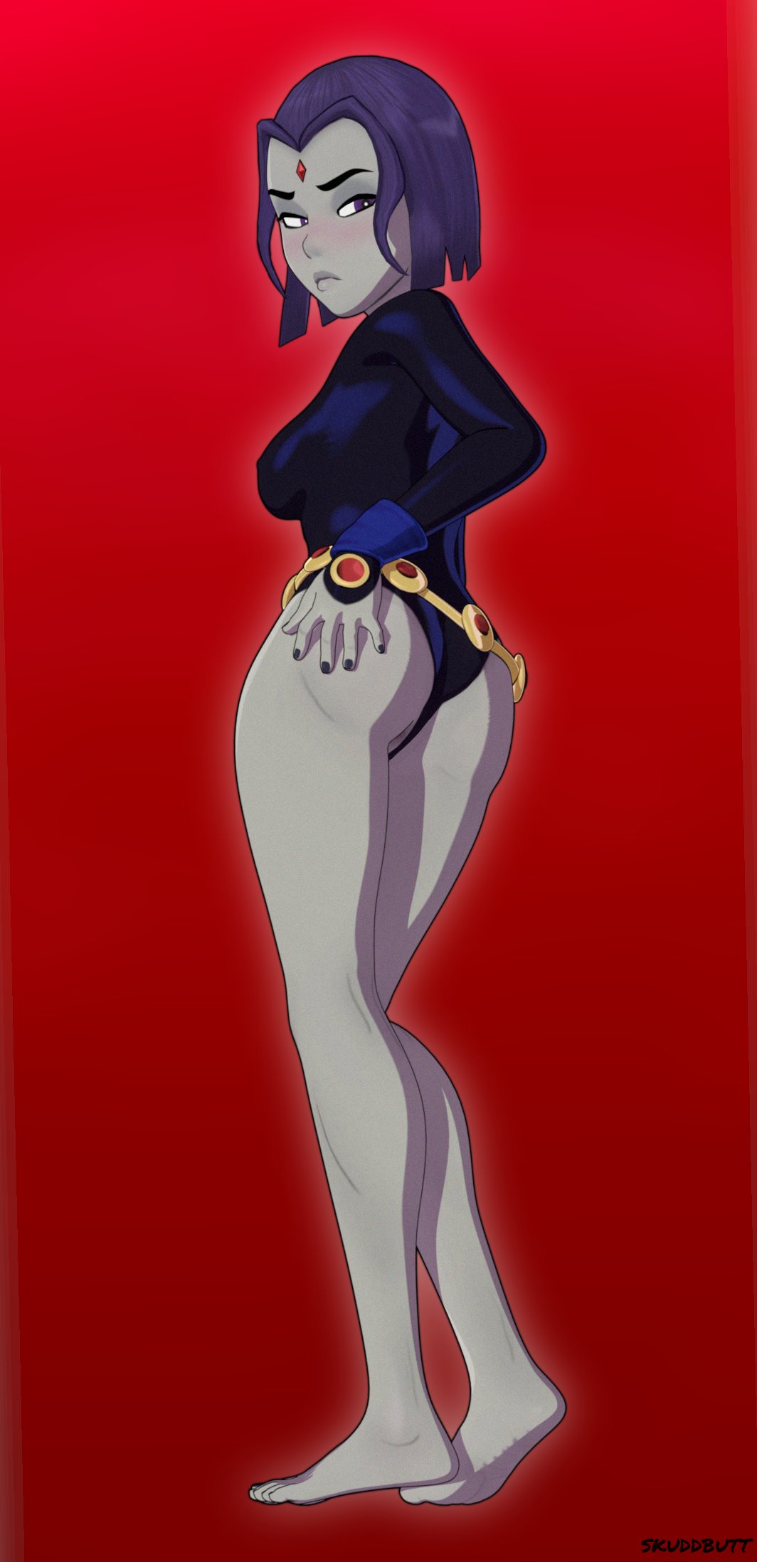 1girls, 3d, ass, barefoot, belt, big ass, blush, bob cut, breasts, dc, dc comics, female, female only, forehead jewel, frown, full body, grey skin, hand on ass, leotard, leotard aside, looking back, nail polish, nipples visible through clothing, purple eyes, purple hair, rachel roth, raven (dc), skuddbutt, solo, teen titans