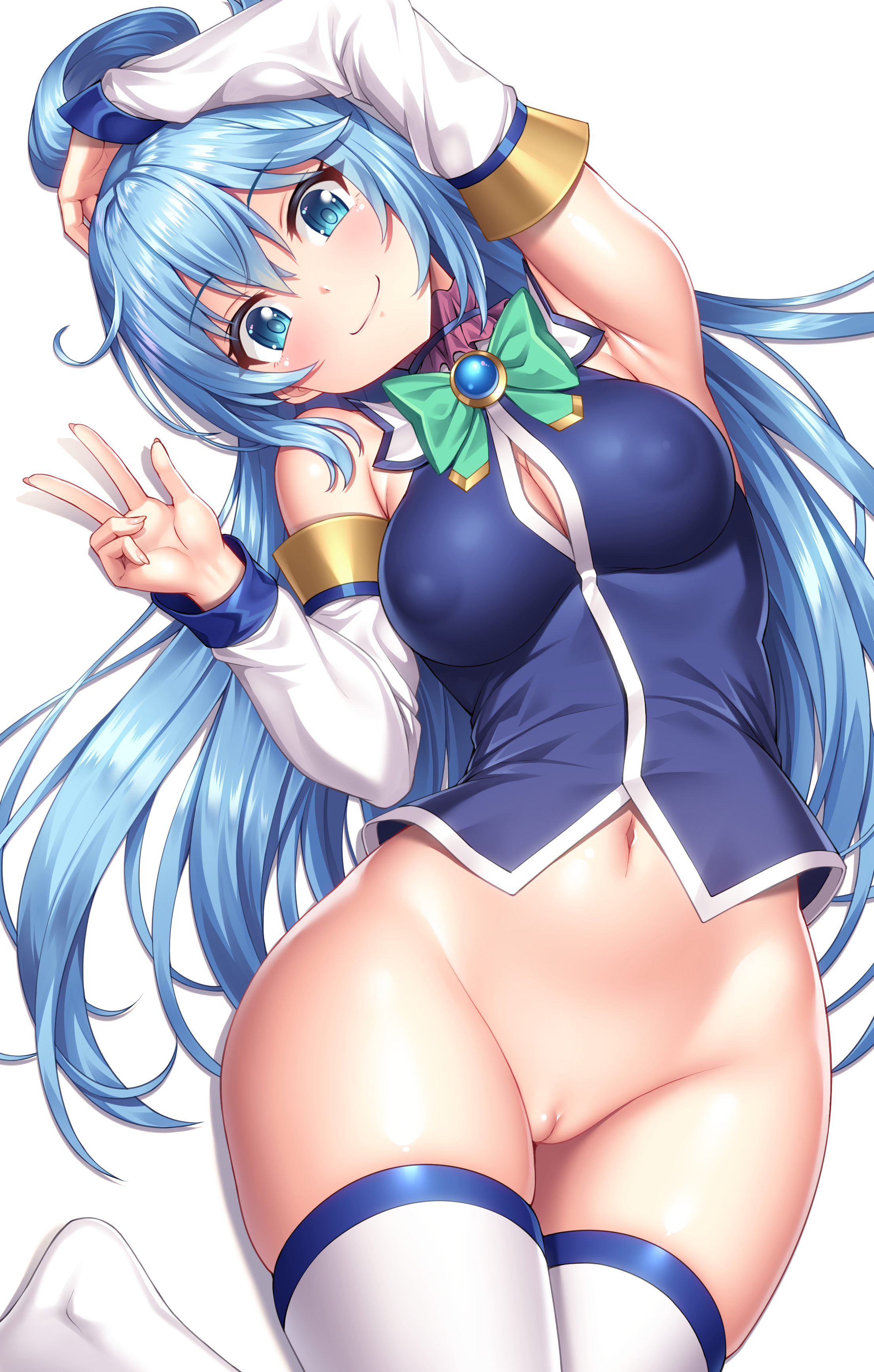aqua (konosuba), aqua eyes, aqua hair, big breasts, big nipples, bottomless, bow, breasts, female, female only, innie pussy, kono subarashii sekai ni shukufuku wo!, lambda (kusowarota), long hair, no panties, pussy, solo, solo female