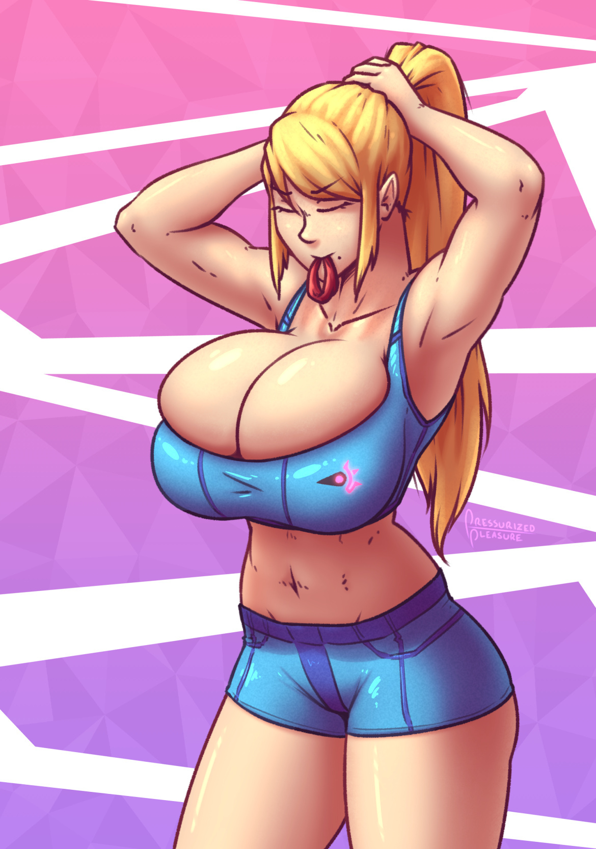 1girls, 2021, blonde hair, booty shorts, breasts, cleavage, closed eyes, female, female only, huge breasts, long hair, metroid, mole, mole under mouth, nintendo, overflowing breasts, ponytail, pressurizedpleasure, samus aran, solo, sports bra, tight clothing, tying hair, white skin
