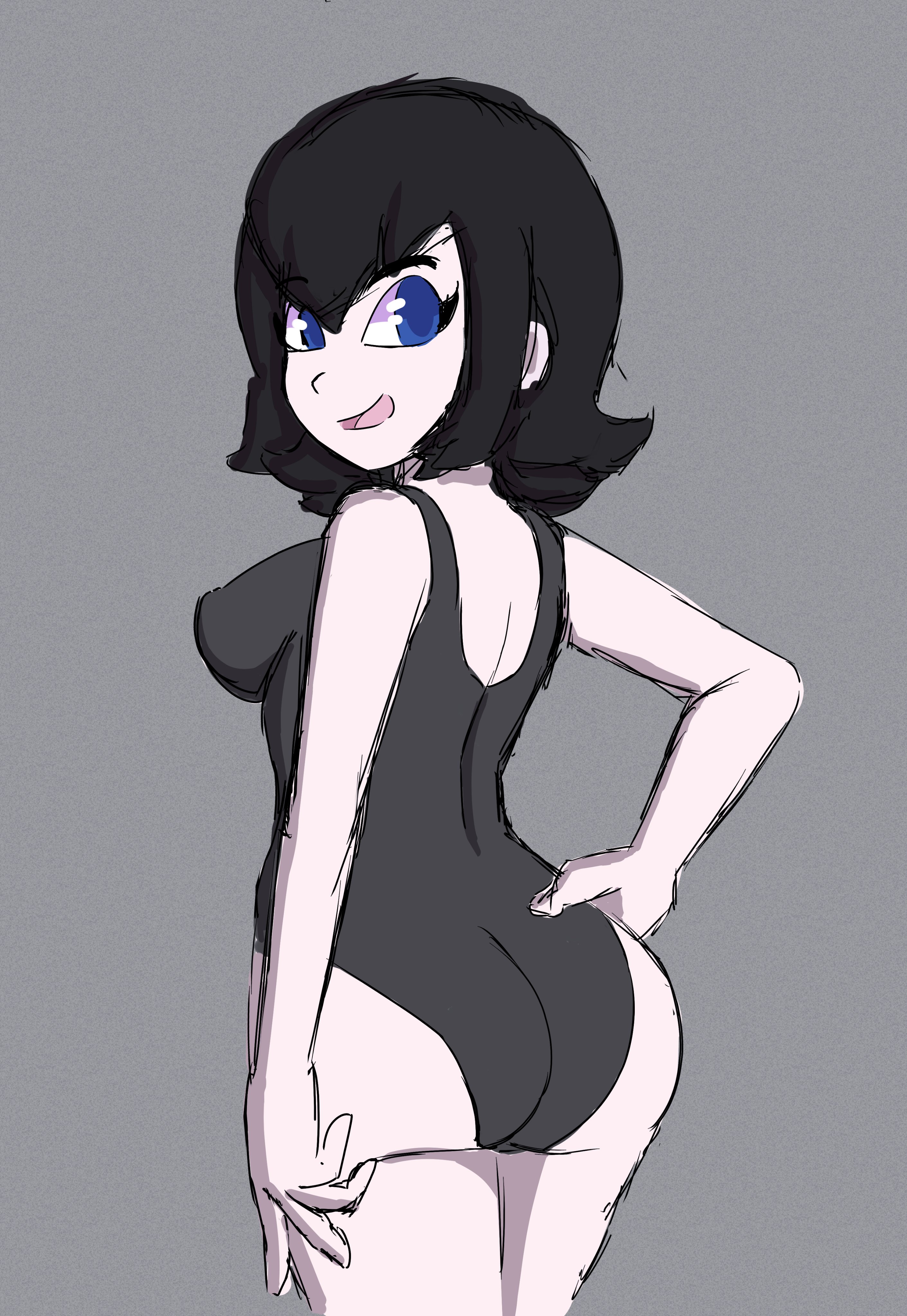 1girls, ass, aurashock, black hair, blue eyes, breasts, busty, cleavage, female, female only, hotel transylvania, hotel transylvania 3: summer vacation, large breasts, light skin, looking back, mavis dracula, one-piece swimsuit, smile, swimsuit, thick ass, vampire