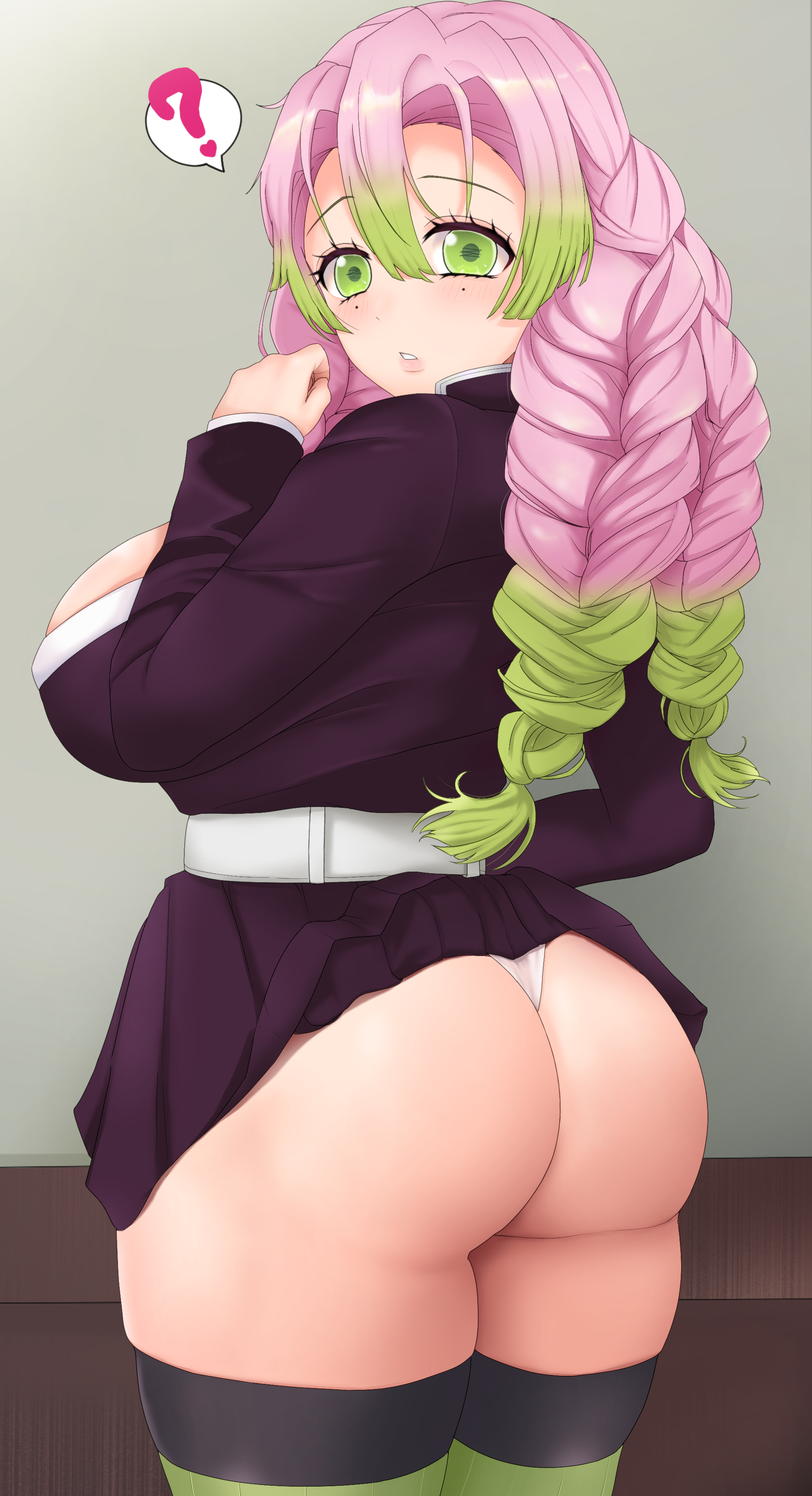 ?, 1girls, ass, big ass, big breasts, braided hair, breasts, demon slayer, female, female focus, female only, green eyes, kanroji mitsuri, kimetsu no yaiba, long hair, looking at viewer, looking back, mole under eye, otohukebonne, panties, pink hair, pink-haired female, skirt lift, solo, thick thighs, thighhighs, thong, two-tone hair, white panties, white thong, wide hips
