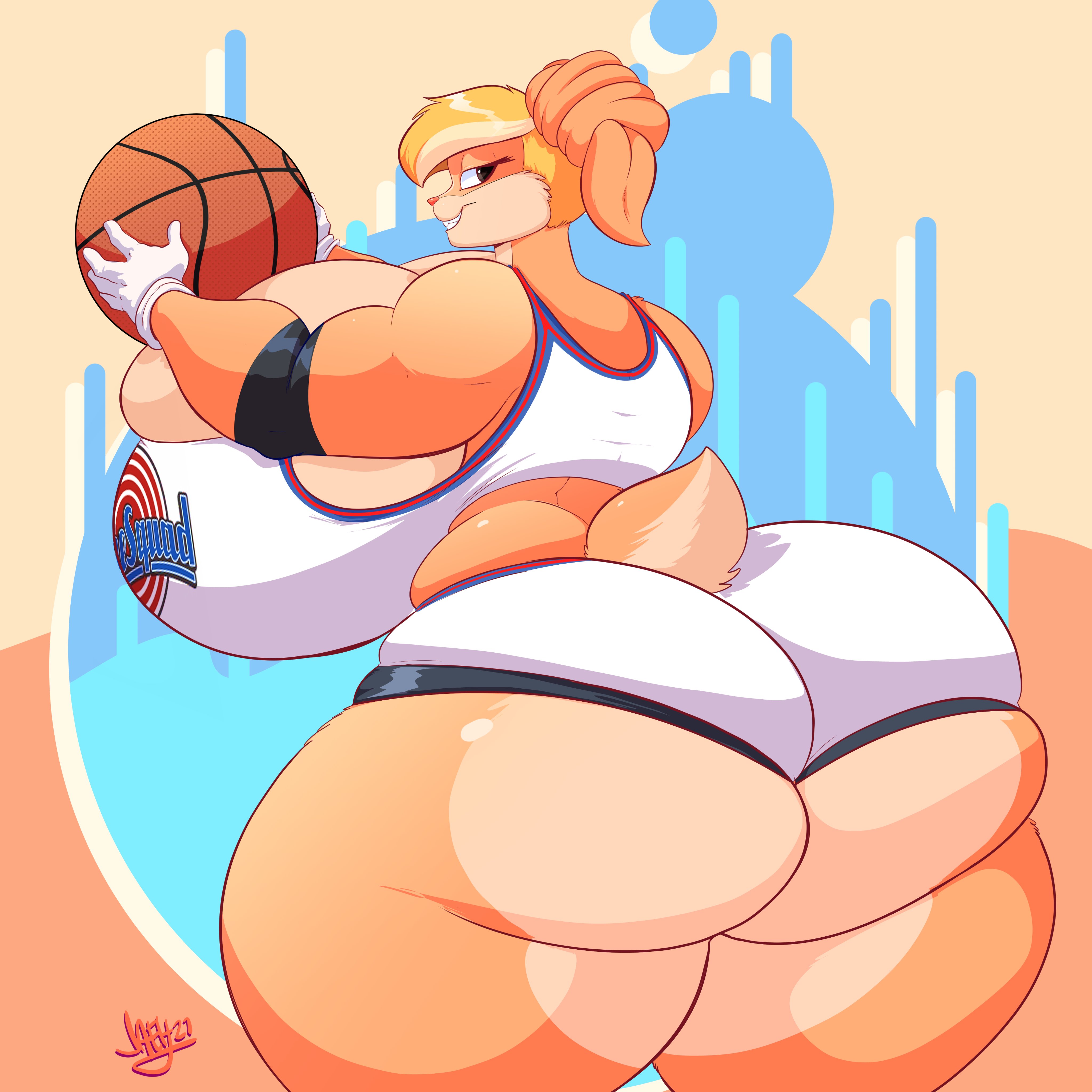 1:1, absurd res, anthro, ass, ball (object), basketball, basketball (ball), basketball uniform, big ass, big breasts, big butt, blonde hair, bottomwear, breasts, clothed, clothing, female, gloves, hair, handwear, hi res, huge ass, huge breasts, huge butt, hyper, hyper breasts, jaeh, lagomorph, leporid, looney tunes, mammal, patricia bunny, rabbit, scut tail, shorts, solo, text on topwear, the looney tunes show, thick thighs, topwear, warner brothers