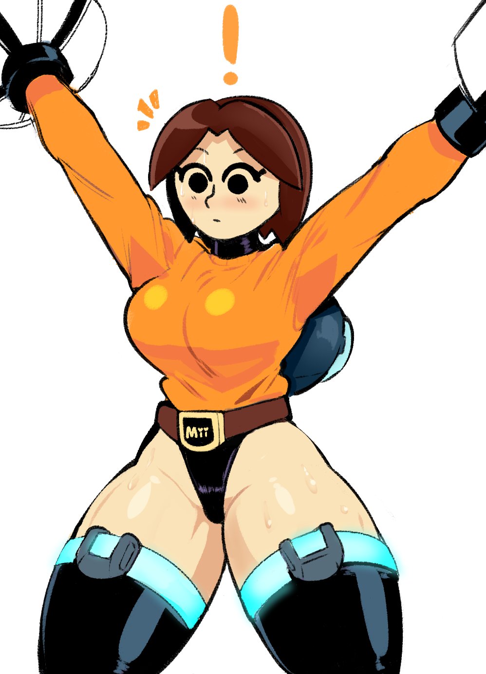 1girls, blush, female, female only, mii, mii gunner, mii gunner (smash 4), mob face, newtype hero, nintendo, restrained, super smash bros., super smash bros. for nintendo 3ds and wii u, sweat, sweatdrop, tagme, thick thighs, thighs