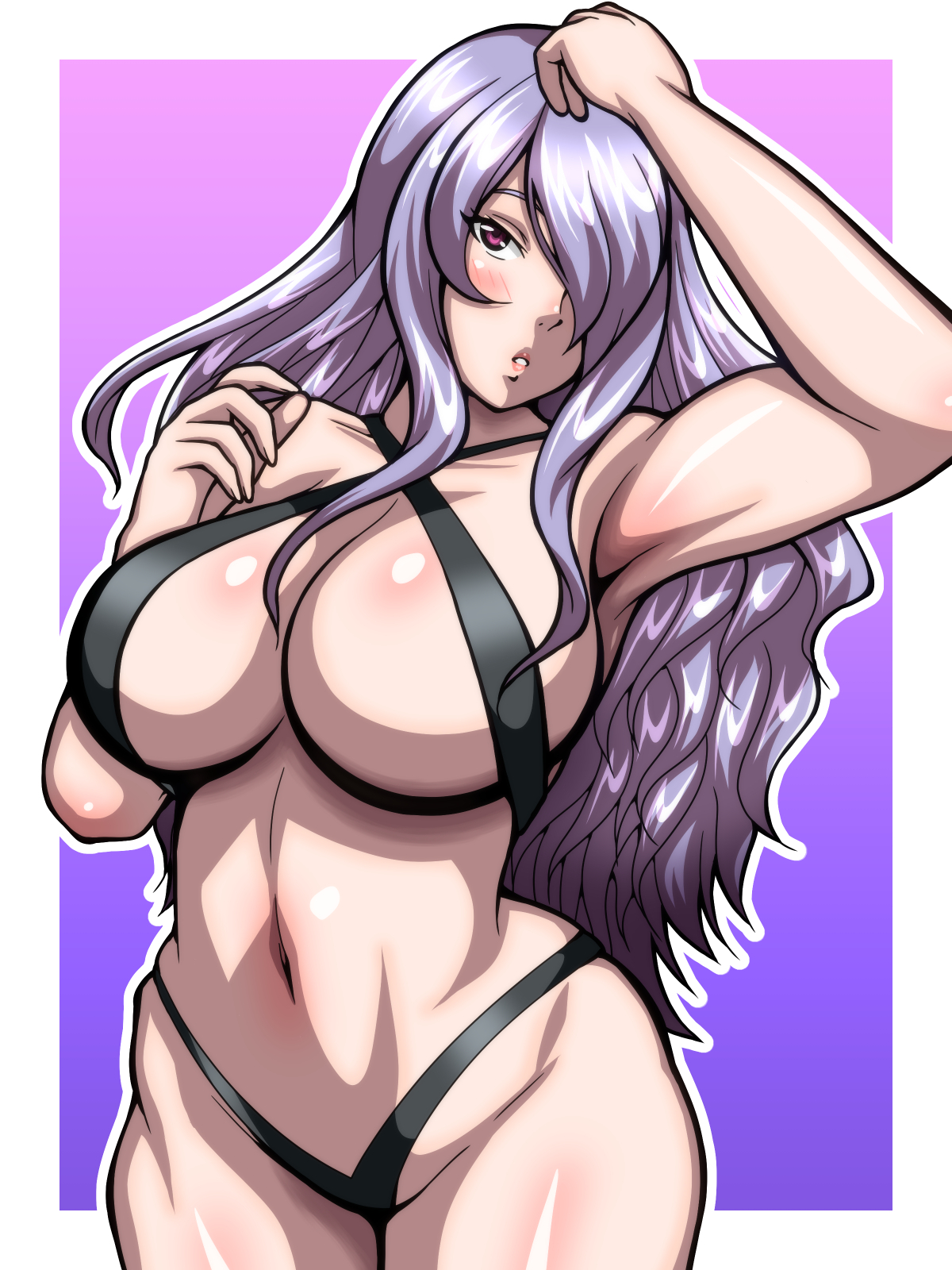 1girls, alternate costume, armpits, bikini, black bikini, black swimsuit, breasts, camilla (fire emblem), female, fire emblem, fire emblem fates, hair over one eye, inabakun00, large breasts, long hair, looking at viewer, nintendo, purple eyes, purple hair, sideboob, sling bikini, solo, solo female, swimsuit, thick thighs, wide hips