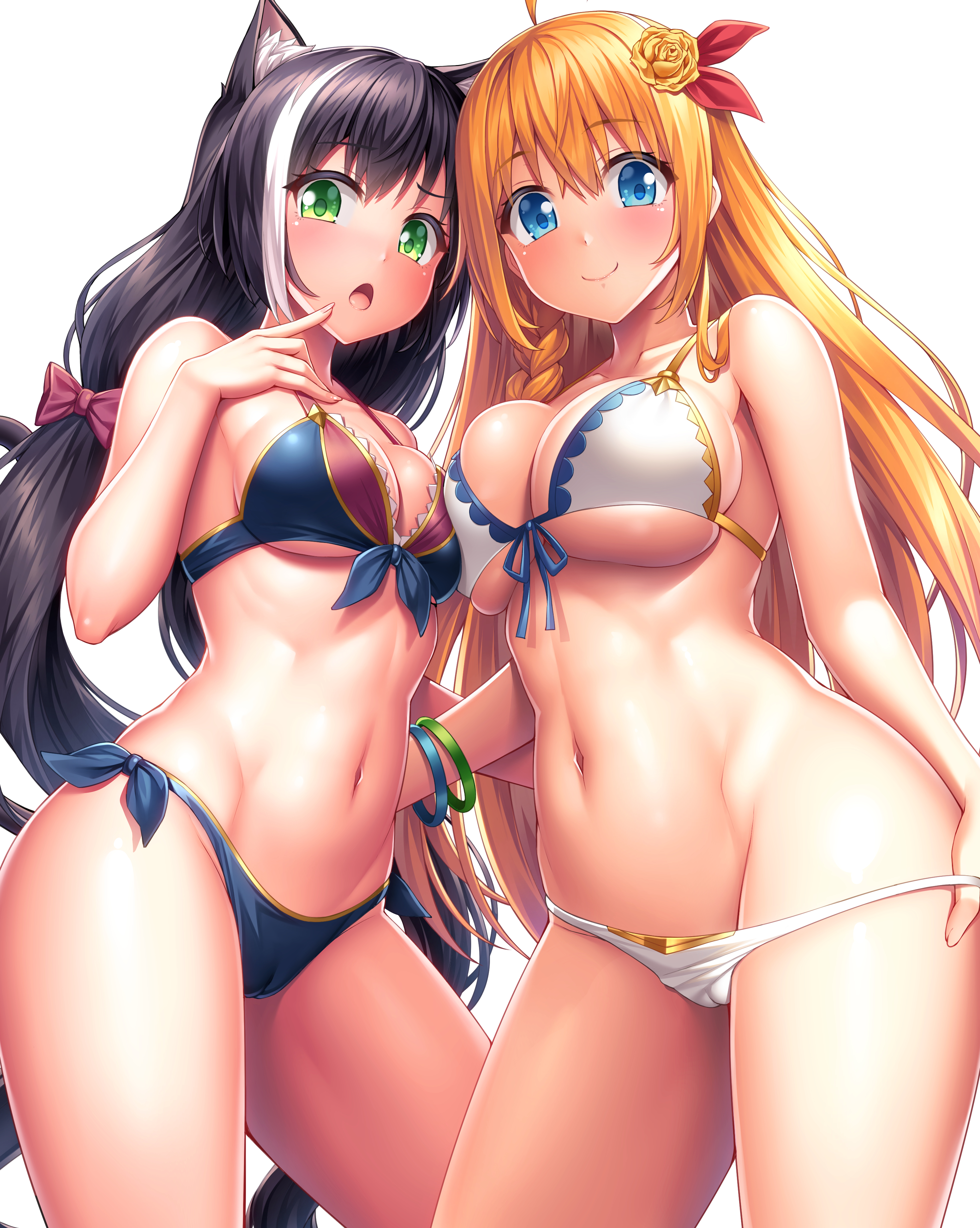 2girls, bikini, blue eyes, blush, breasts, female, female only, green eyes, karyl (princess connect!), kyaru (princess connect), lambda (kusowarota), multiple females, multiple girls, pecorine, pressing breasts together, princess connect! re:dive