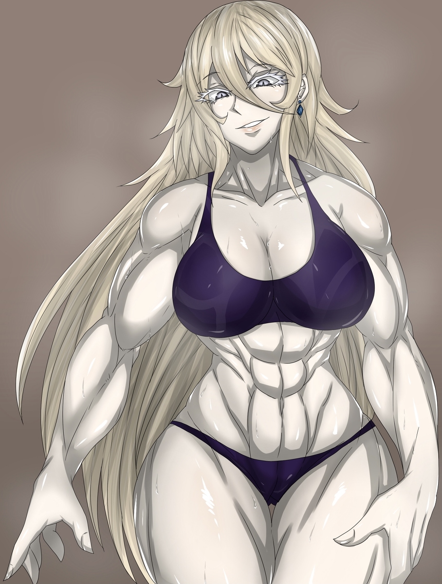 1girls anastasiya_(zokusuke) blonde_hair bra earrings female_only grey_eyes muscular_arms muscular_female muscular_legs muscular_thighs original pale_skin panties smile sweat wet zokusuke