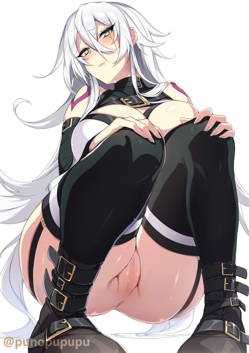 1girls aged_up alternate_costume ass blush boots breasts censored crouching decensor_request facial_scar fate/apocrypha fate/grand_order fate_(series) female female_only garter_straps green_eyes jack_the_ripper_(fate) jack_the_ripper_(fate/apocrypha) large_breasts long_hair looking_at_viewer markings mosaic_censoring punopupupu pussy scar thighhigh_boots thighhighs thighs white_background white_hair zeroshiki_kouichi