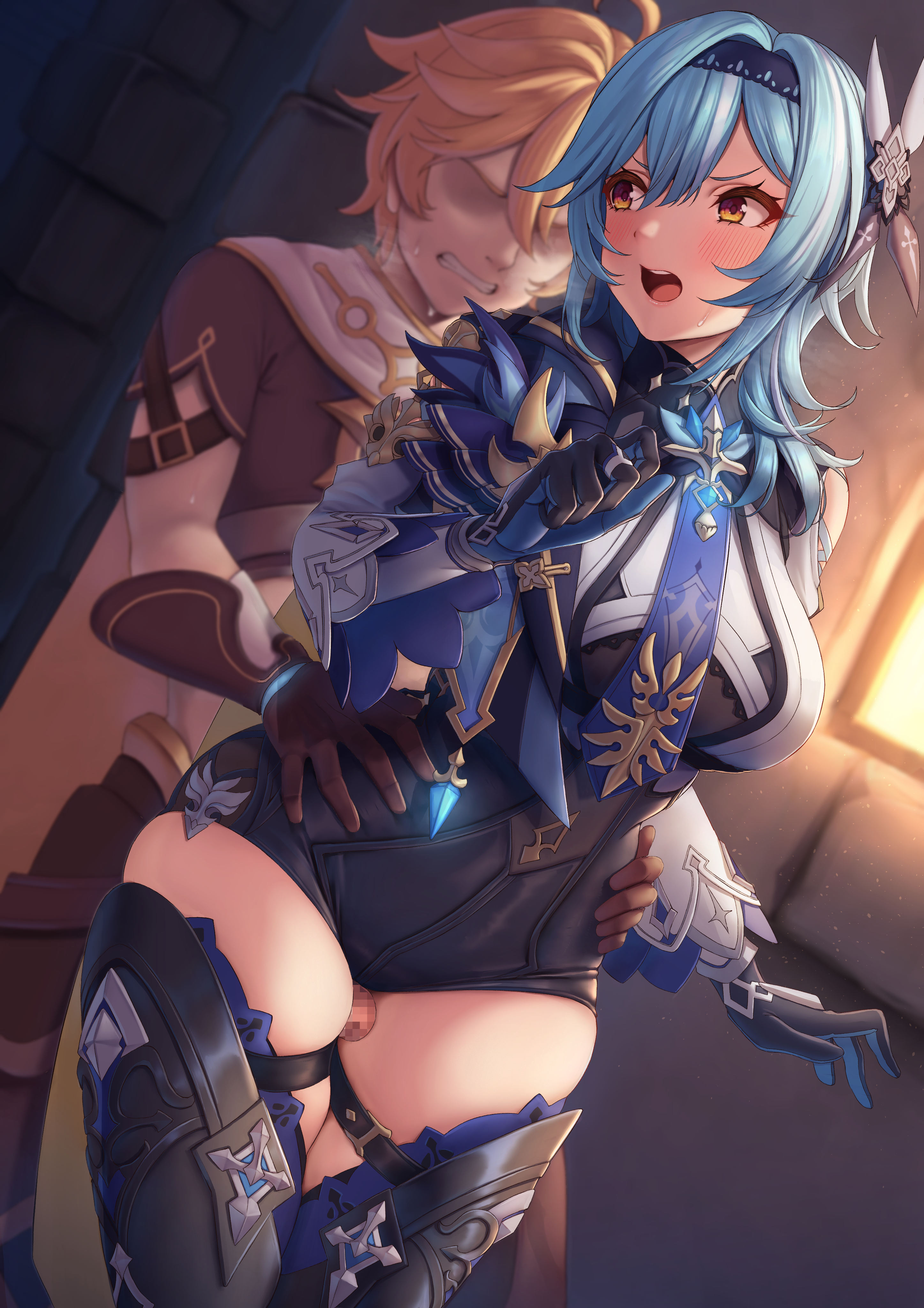 1boy, absurdres, aether (genshin impact), bangs, black gloves, black hairband, black legwear, black leotard, blonde hair, blue cape, blue hair, blue neckwear, blush, boots, breasts, cape, eula (genshin impact), female, genshin impact, gloves, grinding, hair ornament, hairband, highres, large breasts, leotard, long sleeves, male, medium hair, momo no sukebe, necktie, open mouth, penis, sidelocks, straight, thigh boots, thigh sex, thighhigh boots, thighhighs, thighs, yellow eyes