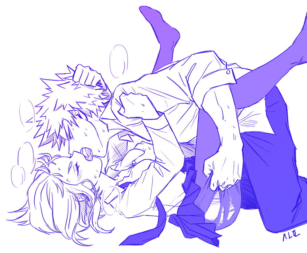 1boy, 1girls, breast grab, breasts, clothes pull, female, french kiss, hair grab, hand in hair, heavy breathing, katsuki bakugou, kissing, legs up, male, monochrome, my hero academia, ochako uraraka, open shirt, passionate, pulling clothing, ripping clothing, rough, school uniform, schoolboy, schoolgirl, straight, tongue kiss, torn pantyhose, u.a. school uniform