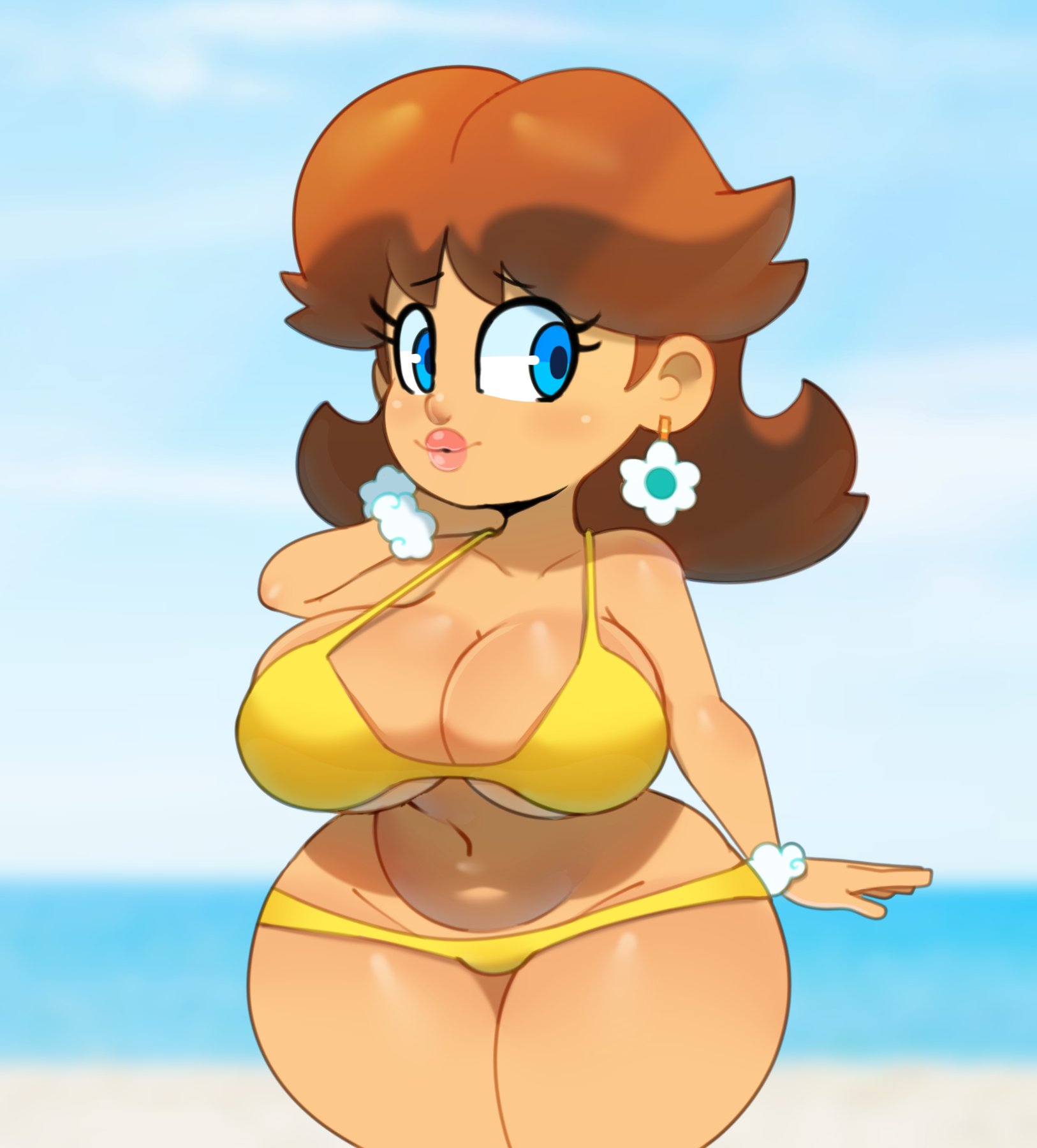 1girls, bikini, breasts, cleavage, female, female only, huge breasts, looking to the side, mario (series), outdoors, princess daisy, sky, smile, solo, somescrub, standing, swimsuit, thick thighs, thighs, wide hips, yellow bikini