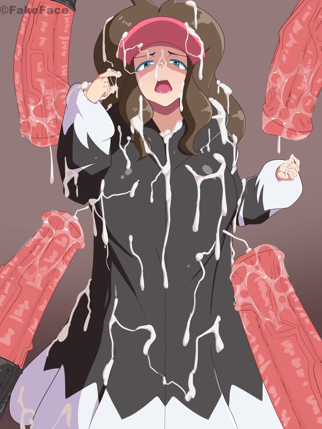 1girls, 2021, 4animals, 4boys, black coat, blue eyes, brown hair, bukkake, clothed, clothed female, coat, cum, cum drip, cum everywhere, cum in hair, cum on body, cum on face, cum on fingers, cum on hand, disguise, fake face, female, female focus, flared penis, fur coat, hat, hilda (pokemon), horsecock, huge cock, large penis, long ponytail, male, nintendo, open mouth, penis, pokemon, pokemon (species), pokemon bw, pokephilia, ponytail, shocked expression, simple background, thick penis, veiny penis, wet penis, white hat, zebstrika