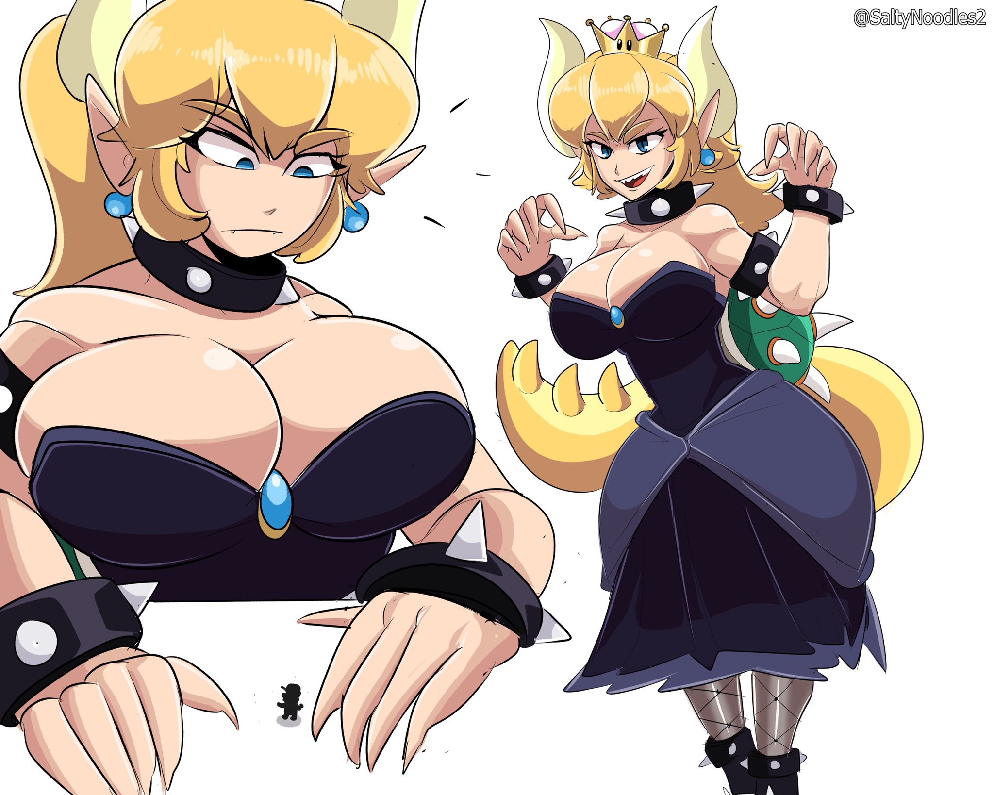 2021, big breasts, black dress, blonde hair, bowsette, breasts, claws, female, giantess, horns, mario, mario (series), new super mario bros. u deluxe, nintendo, rule 63, saltynoodles, super mario bros., tail, thick