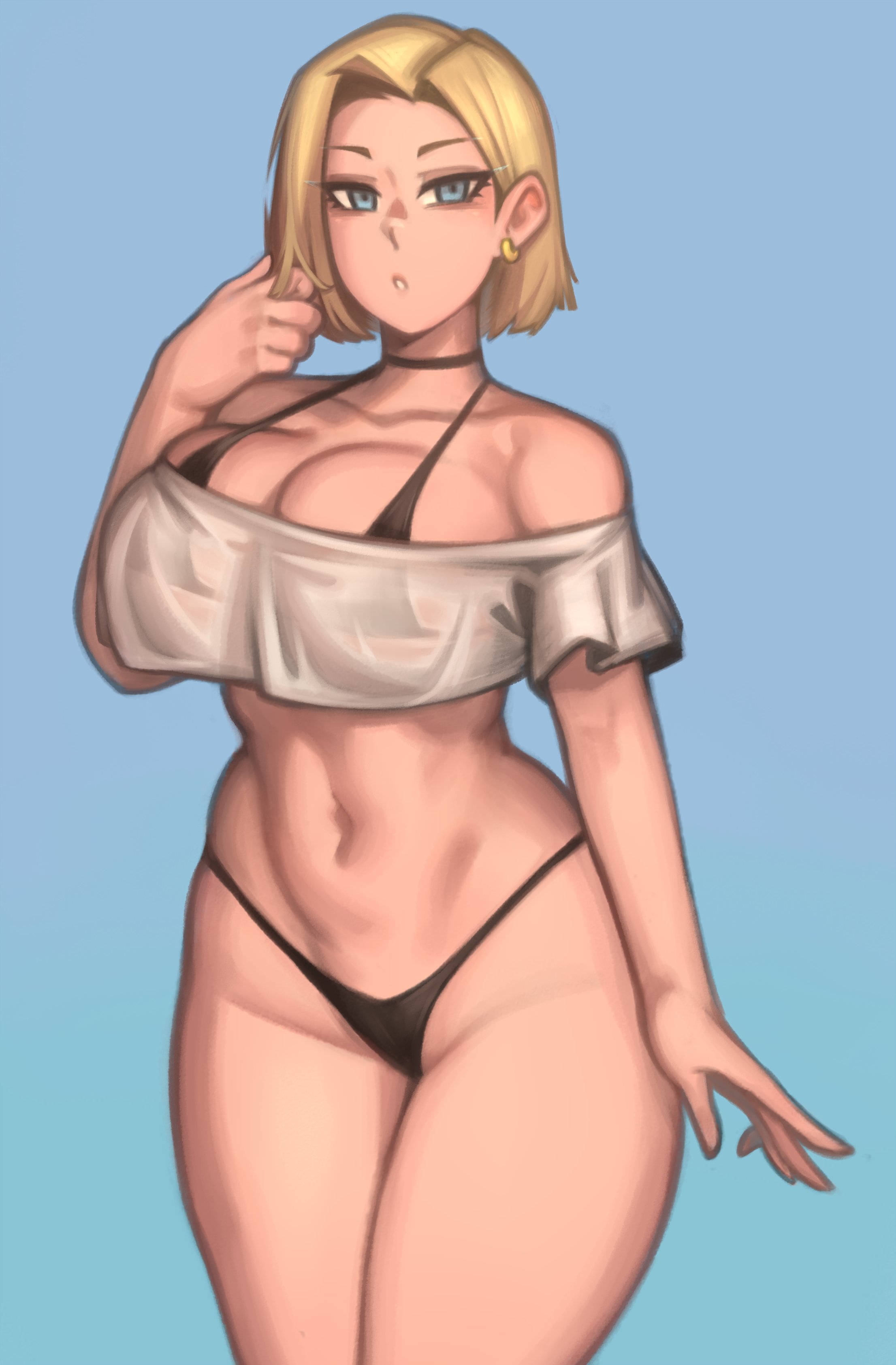 android 18, bikini, black bikini, black panties, black underwear, blonde, blonde hair, blue eyes, breasts, dragon ball, earrings, female, highleg panties, kelvin hiu, large breasts, navel, no pants, panties, piercing, playing with hair, short hair, shounen jump, standing, tagme, thighs, white topwear