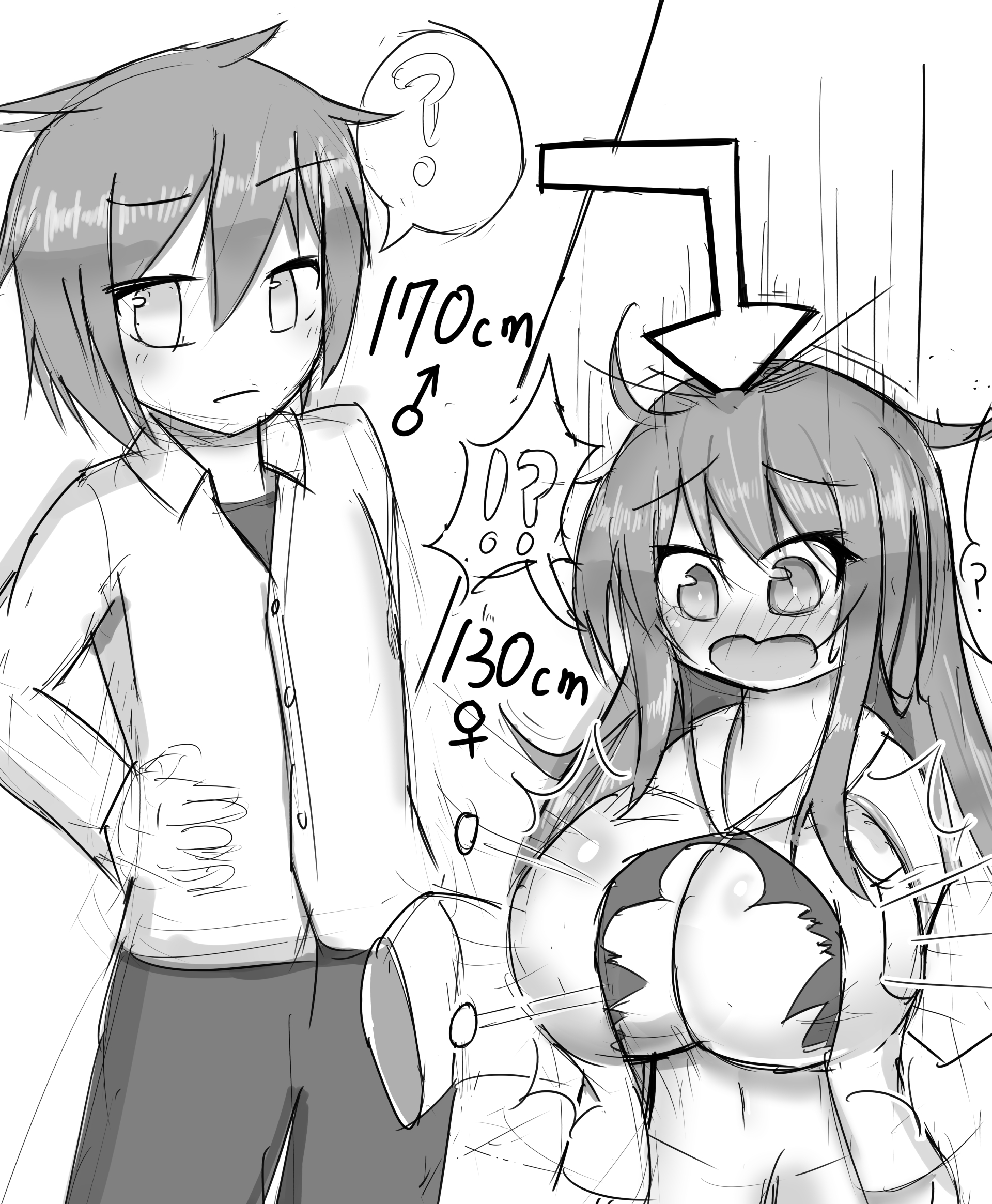 !?, ?, 2021, big breasts, blush, breast expansion, breast growth, breast growth (enlargement), breasts, button pop, cleavage, female, gender transformation, huge breasts, mtf transformation, original, rule 63, shortstack, tefnen, transformation, wardrobe malfunction