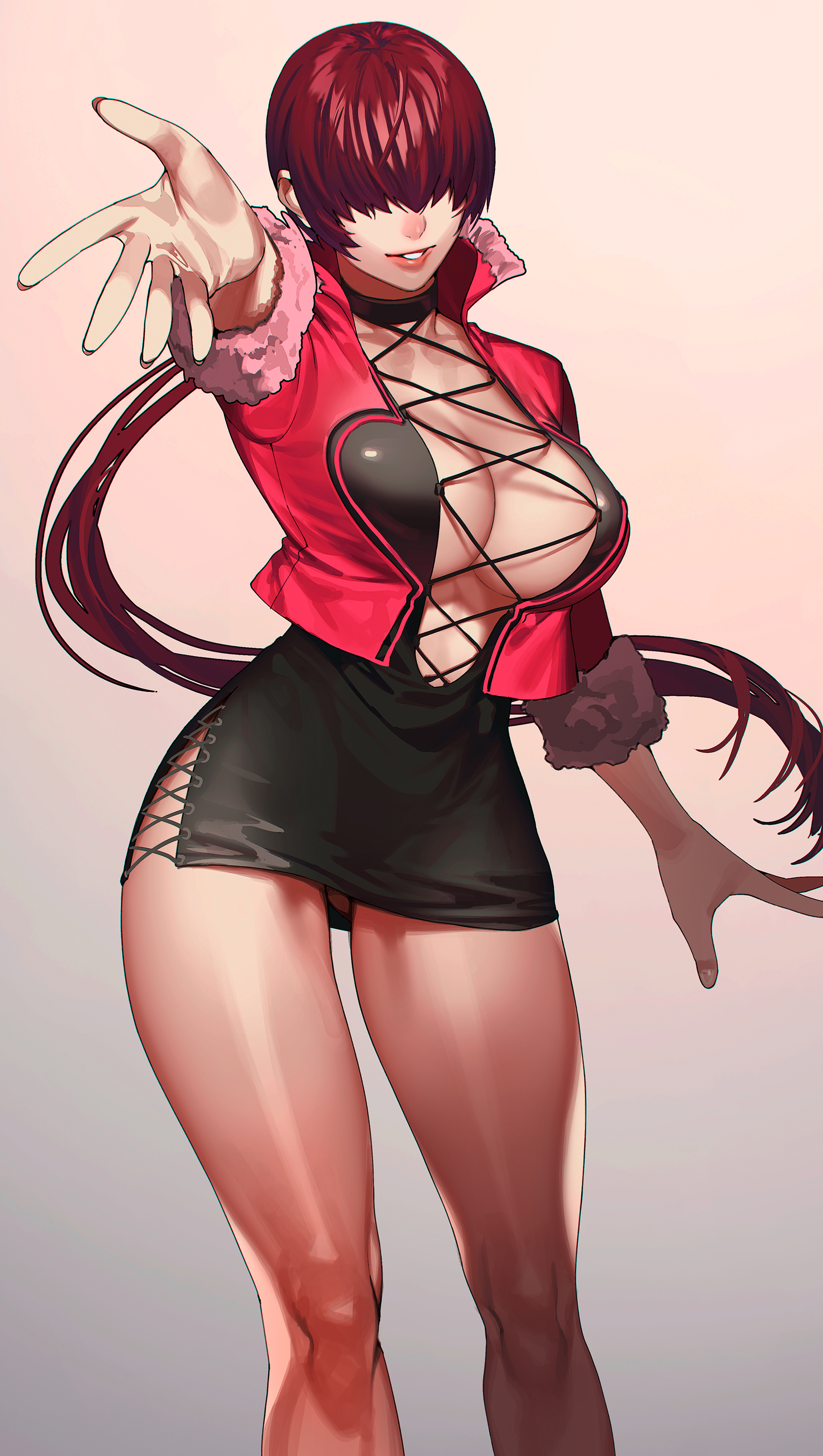 ass visible through thighs, athletic, athletic female, bare legs, big breasts, big lips, bolero, breasts, busty, cleavage, dress, female, female focus, female only, hair over eyes, king of fighters, large breasts, long hair, pinup, pinup pose, pose, posing, puffy lips, red hair, shermie (kof), short dress, skimpy, skimpy clothes, skimpy dress, sleeves rolled up, snk, solo, standing, tagme, thick thighs, wide hips