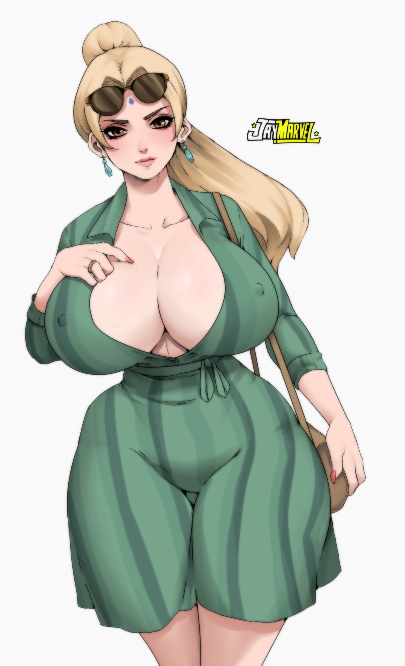 1girls, alternate costume, alternate hairstyle, artist name, bag, big breasts, blonde hair, blush, breasts, breasts bigger than head, brown eyes, busty, cleavage, closed legs, closed mouth, clothing, collarbone, colored nails, curvaceous, curvy, curvy female, curvy figure, dress, dress shirt, earrings, erect nipples, eyelashes, eyeliner, facial mark, favorite, female, female only, forehead jewel, forehead mark, front view, fully clothed, handbag, holding object, hourglass figure, huge breasts, jay-marvel, jewelry, licking, light skin, light-skinned female, logo, long fingernails, looking at viewer, makeup, mature, mature female, milf, nail polish, naruto, naruto (series), naruto shippuden, nipples, no underwear, open clothes, paipan, pale skin, pale-skinned female, pink lips, pink lipstick, pinup, plain background, ponytail, red nail polish, red nails, shiny, shiny hair, shiny skin, simple background, skindentation, smile, smiling at viewer, solo, solo female, solo focus, sunglasses, sunglasses on head, thick thighs, tied hair, tsunade, visible nipples, voluptuous, walking, watermark, white background, wide hips