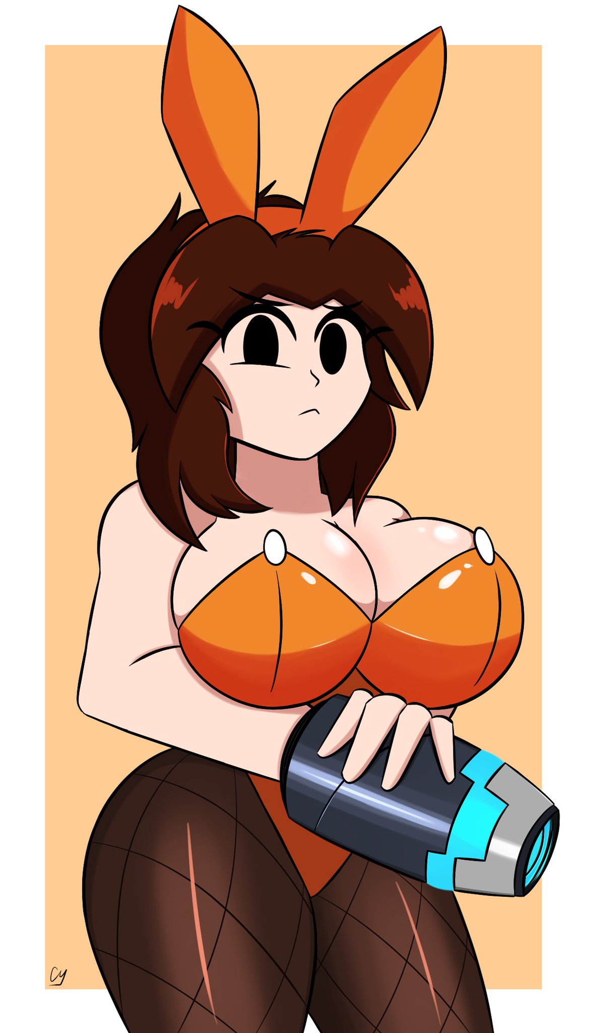 1girls big_breasts black_eyes breasts brown_hair bunny_ears bunnysuit cleavage clothed clothing female female_only foxsuo mii mii_gunner mii_gunner_(smash_4) mob_face nintendo solo standing super_smash_bros. super_smash_bros._for_nintendo_3ds_and_wii_u thick_thighs