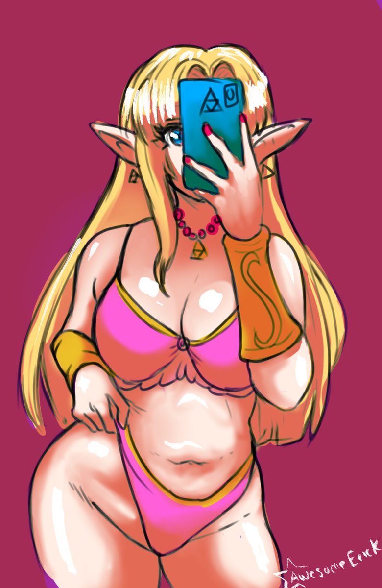 1girls, a link between worlds, awesomeerix, big breasts, bimbo, blonde hair, breasts, clothed, earrings, female, long ears, long hair, mirror, mirror selfie, nail polish, princess zelda, selfie, solo, solo female, solo focus, super smash bros., super smash bros. ultimate, the legend of zelda, thick, underwear, zelda (a link between worlds)