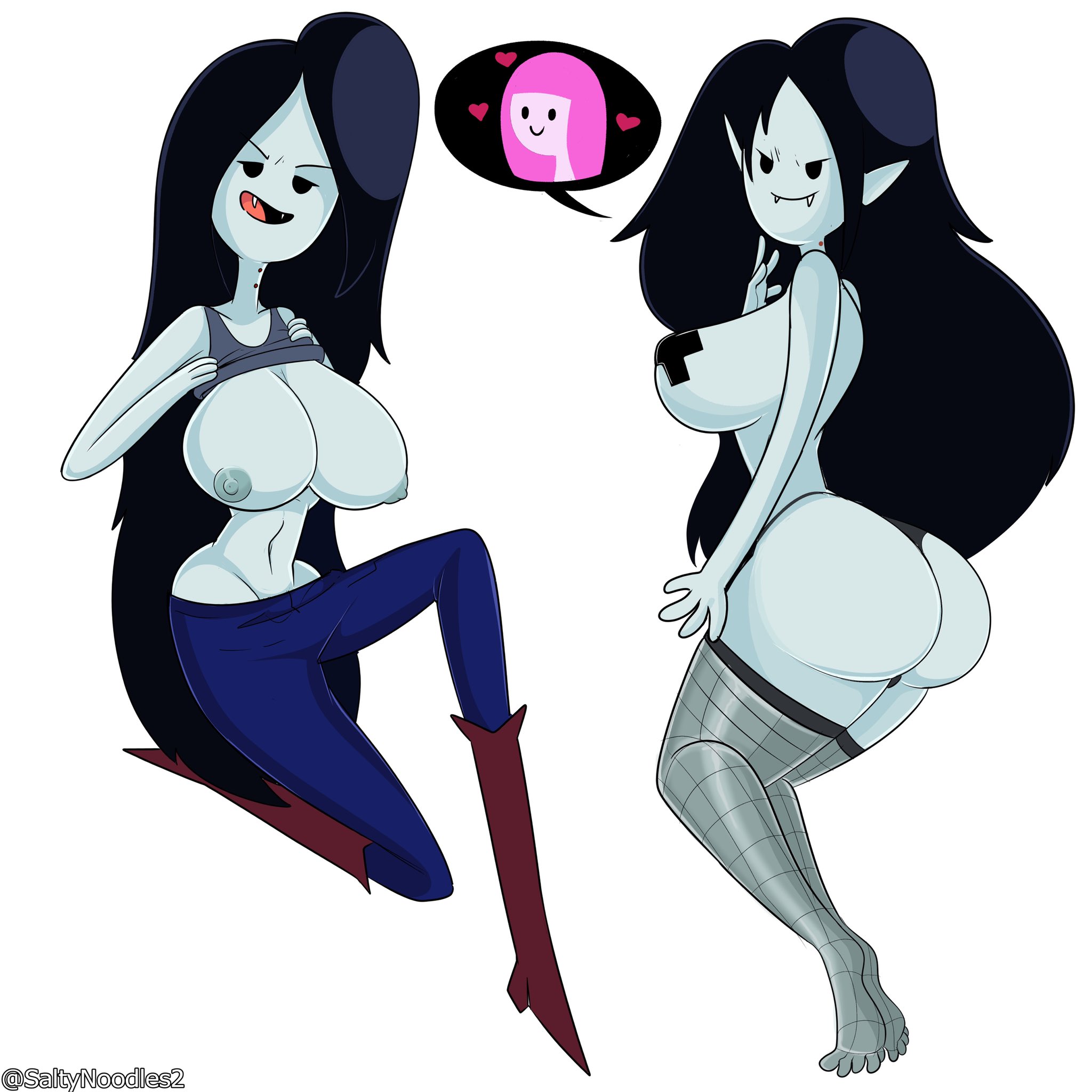 adventure time, areolae, ass, big ass, big breasts, black hair, black panties, boots, breasts, curvy, exposed breasts, female, fishnets, goth, long hair, long legs, looking at viewer, marceline, nipple tape, nipples, no panties, pale skin, pasties, revealing clothes, saltynoodles, showing off, solo female, teasing, teasing viewer, topless, vampire, voluptuous, x pasties