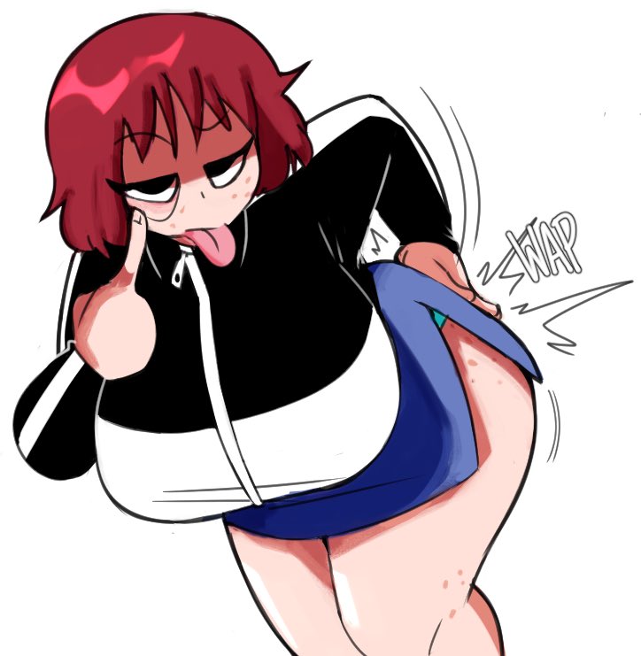 1girls akanbe bending_forward bending_over big_ass big_breasts clothed female female_only honeyboyy huge_breasts kim_pine leaning_forward looking_at_viewer mocking mocking_viewer red_hair scott_pilgrim slapping_ass solo thick_thighs tongue_out upskirt white_background