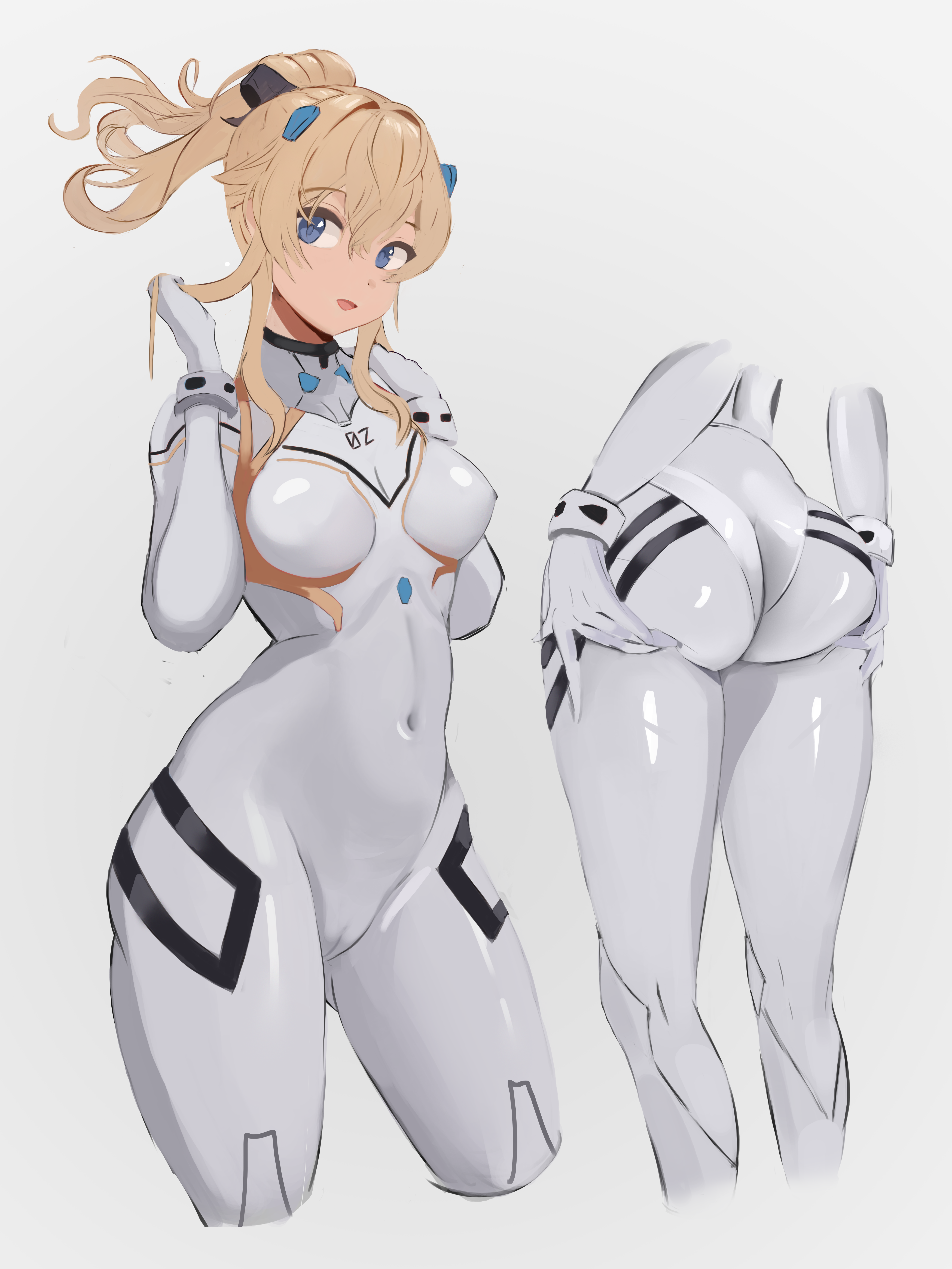 1girls, ass, big ass, big butt, blonde hair, blue eyes, breasts, cameltoe, clothing, crossover, eye contact, female, genshin impact, grabbing own ass, hair ornament, jean gunnhildr, looking at viewer, miraihikari, neon genesis evangelion, plugsuit, ponytail, pussy, skin tight, small breasts, standing, thick thighs