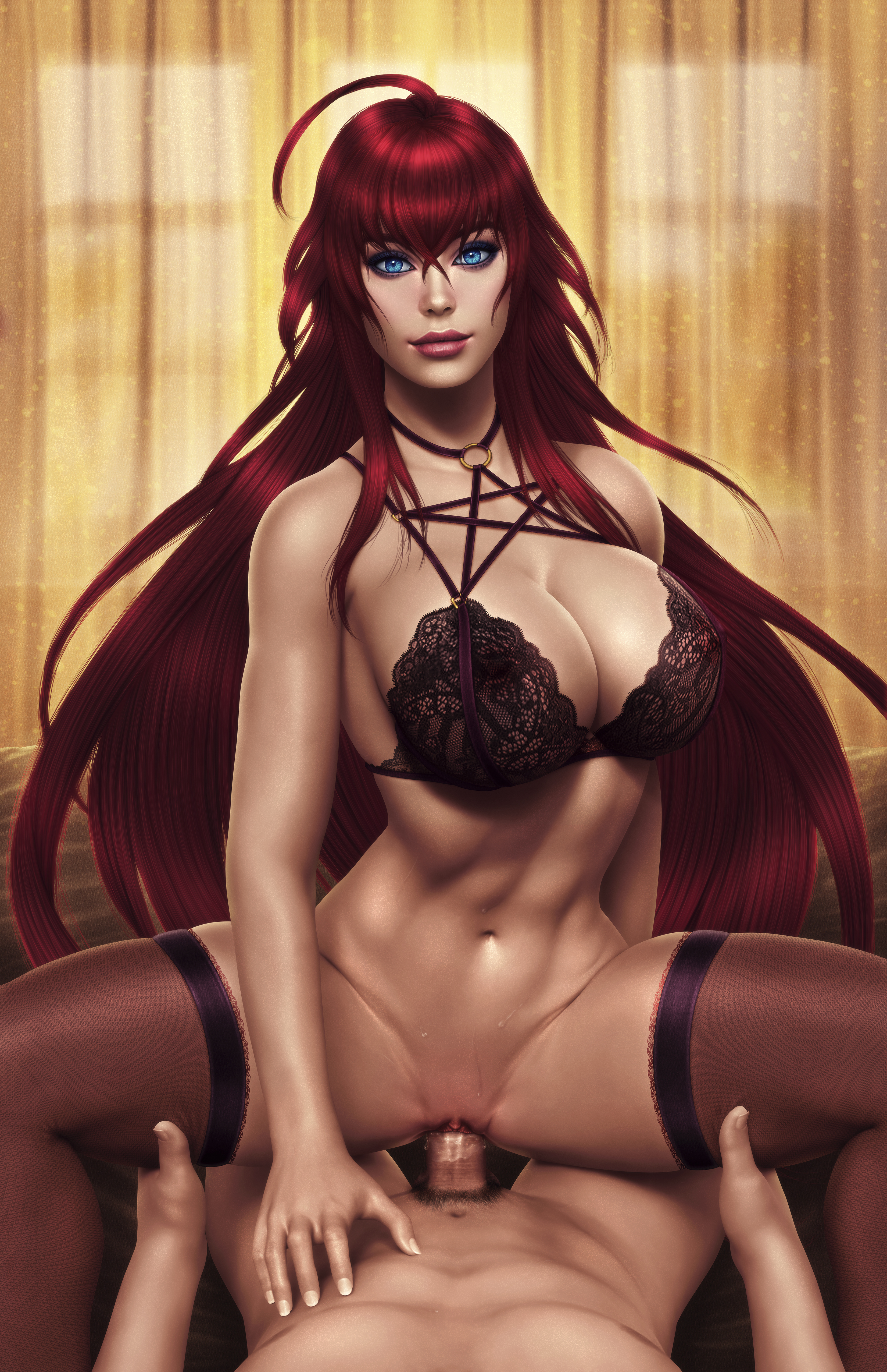 blue eyes, bottomless, bra, cowgirl position, cum, female, high school dxd, lingerie, male, martaino, penis, pussy, realistic, red eyes, rias gremory, sex, sitting on penis, thighhighs, vagina, vaginal penetration, vaginal sex