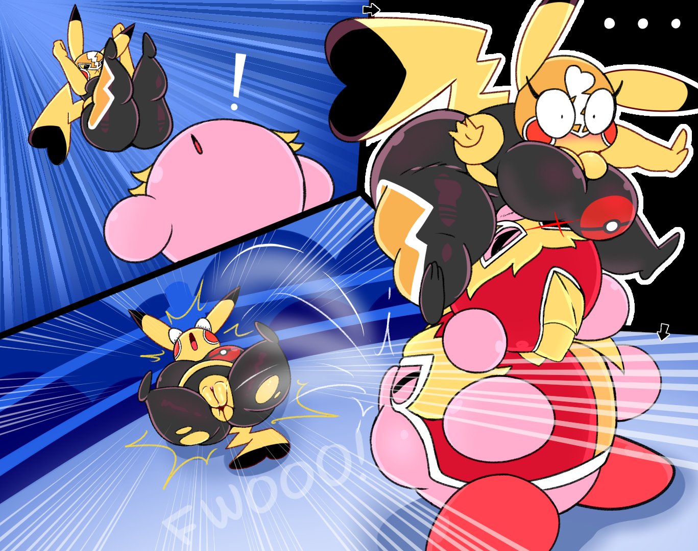 absorbtion, ass, big ass, big breasts, big butt, breasts, bulging eyes, closed eyes, clothed, clothing, cosplay pikachu, eyelashes, female, fur, furry, kirbot12, kirby, kirby (series), kirby fighters 2, looking at viewer, looking up, male, mask, nintendo, nintendo switch, pikachu, pikachu libre, pink body, pink skin, pokémon (species), pokemon, pokemon (species), pussy, red feet, super smash bros., super smash bros. ultimate, thick thighs, vagina, wrestling, yellow body, yellow skin