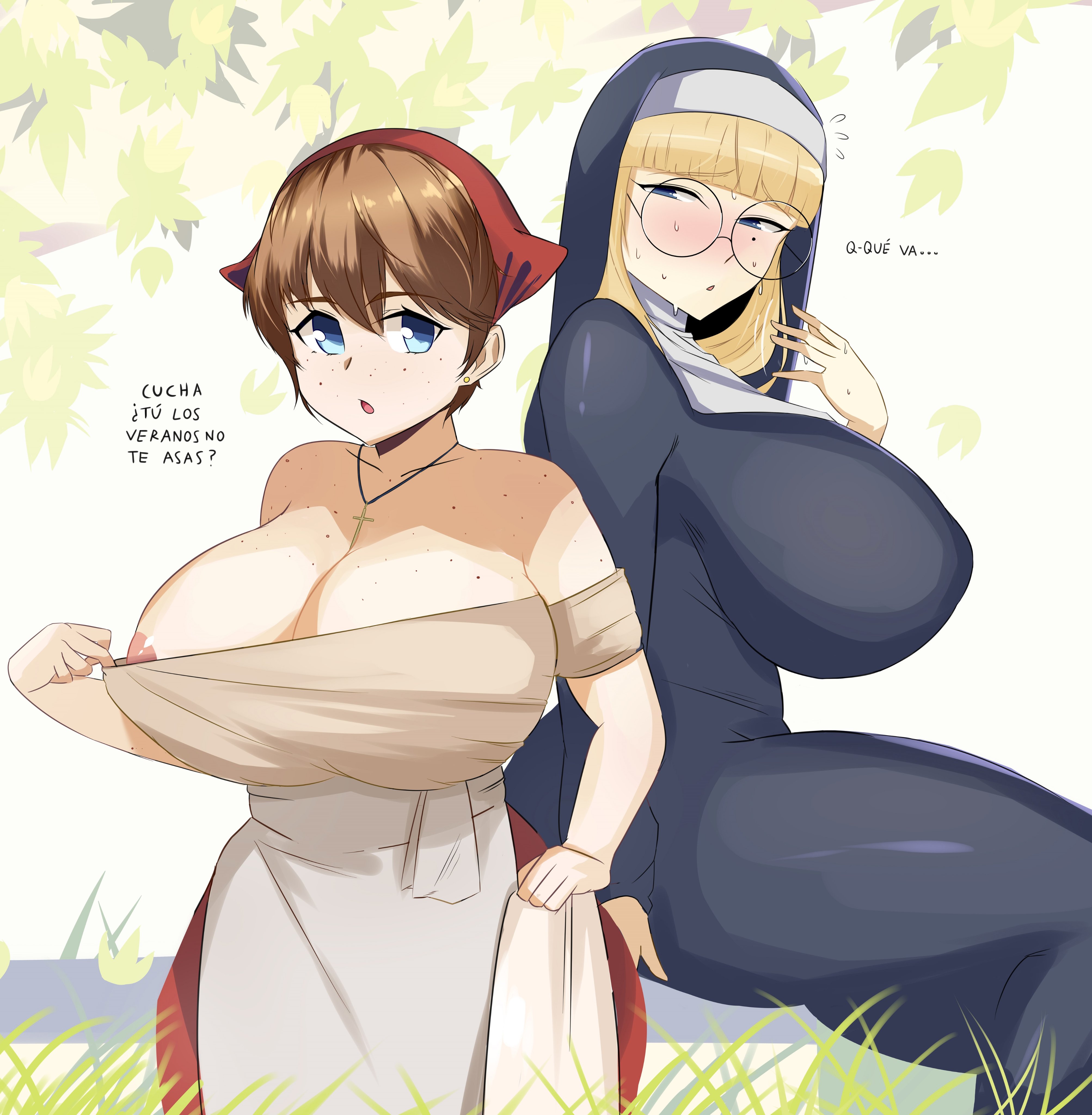 blonde hair, blue eyes, blush, breasts, brown hair, cleavage, crucifix, cuteakita, eyebrows visible through hair, female, freckles, glasses, huge breasts, nipple slip, nun, short hair, spanish, spanish text, undressing
