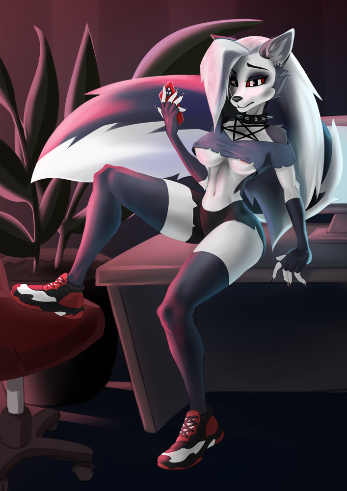 1girls anthro black_nose collar female furry grey_body grey_fur hair hellhound helluva_boss klempner looking_at_viewer loona_(helluva_boss) mostly_clothed nipples red_sclera shoes sitting spiked_collar vivienne_medrano white_body white_fur white_hair