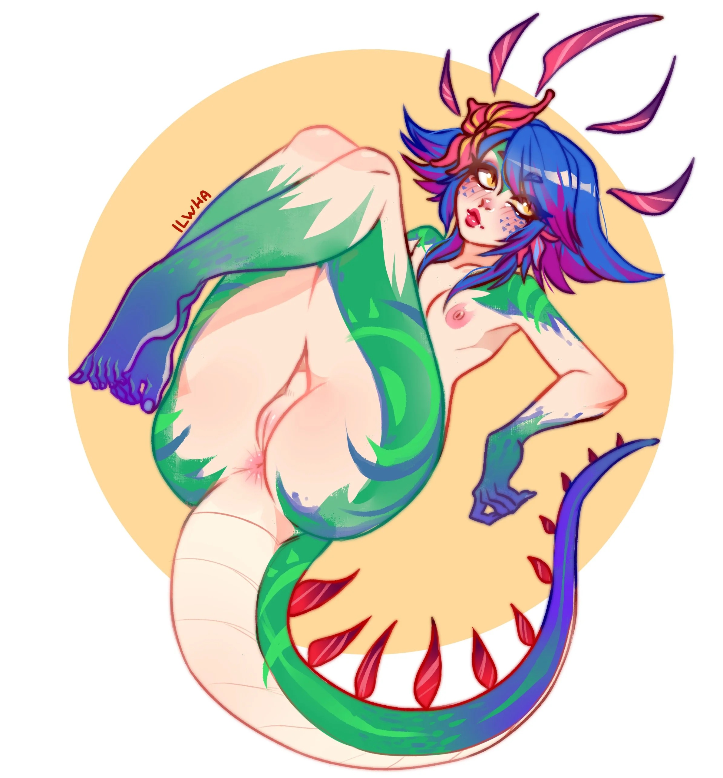 1girls, blush, female, green eyes, ilewdha, league of legends, legs up, looking away, neeko, presenting, presenting pussy, pussy, riot games, solo female, tail, two-tone hair