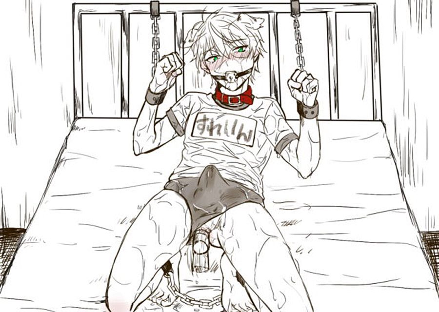 1boy aldnoah.zero ball_gag bdsm bed blush bondage bound bound_legs bound_wrists chained chains collar dog_ears erection erection_under_clothes erection_under_clothing gag gagged gay green_eyes gym_uniform lying lying_on_back lying_on_bed male male_only male_penetrated red_collar slaine_troyard sweat vibrator wet wet_clothes wet_clothing yaoi