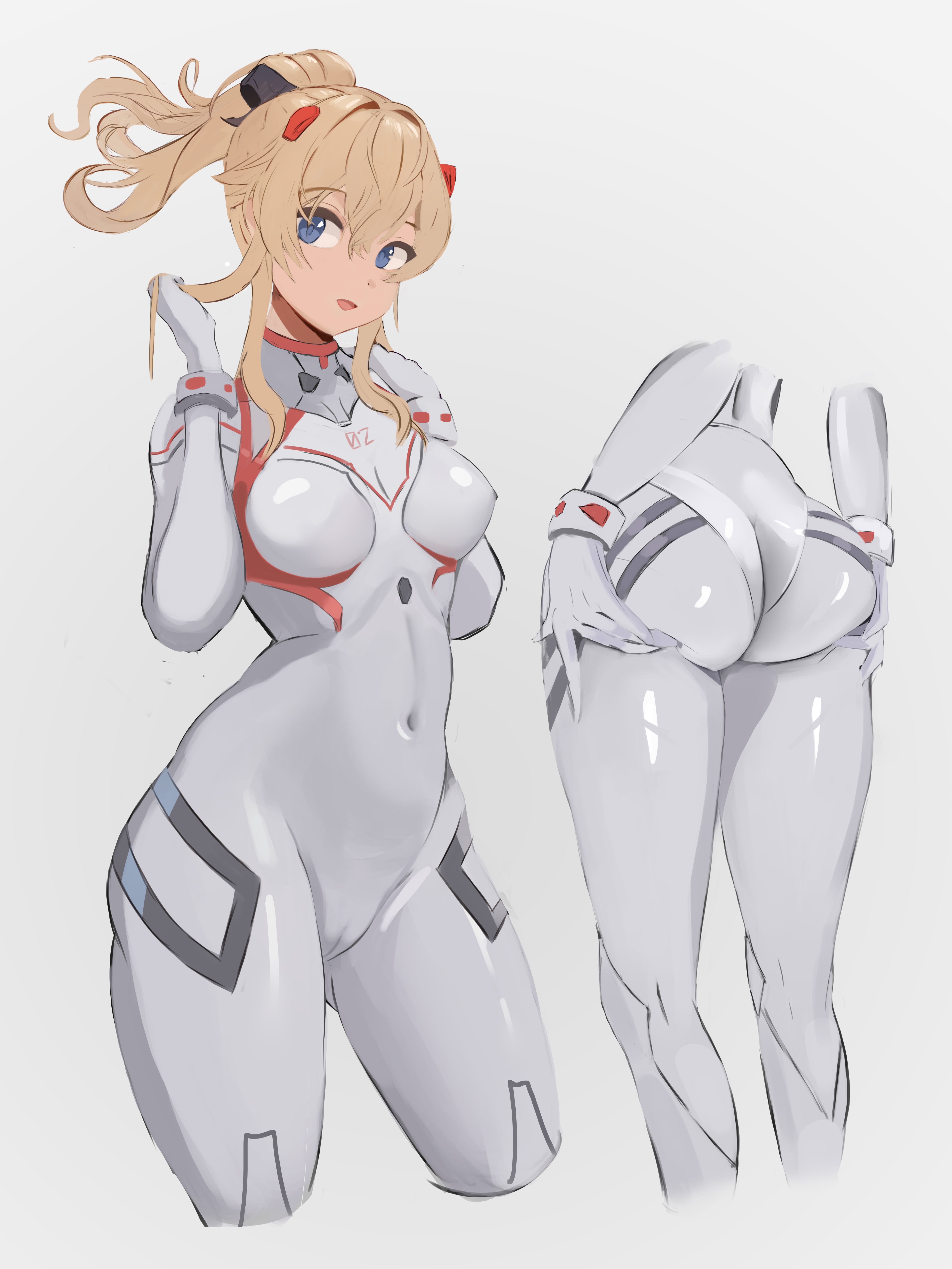 1girls, ass, big ass, big butt, blonde hair, blue eyes, breasts, cameltoe, clothing, crossover, eye contact, female, genshin impact, grabbing own ass, hair ornament, jean gunnhildr, looking at viewer, miraihikari, neon genesis evangelion, plugsuit, ponytail, pussy, skin tight, small breasts, standing, thick thighs