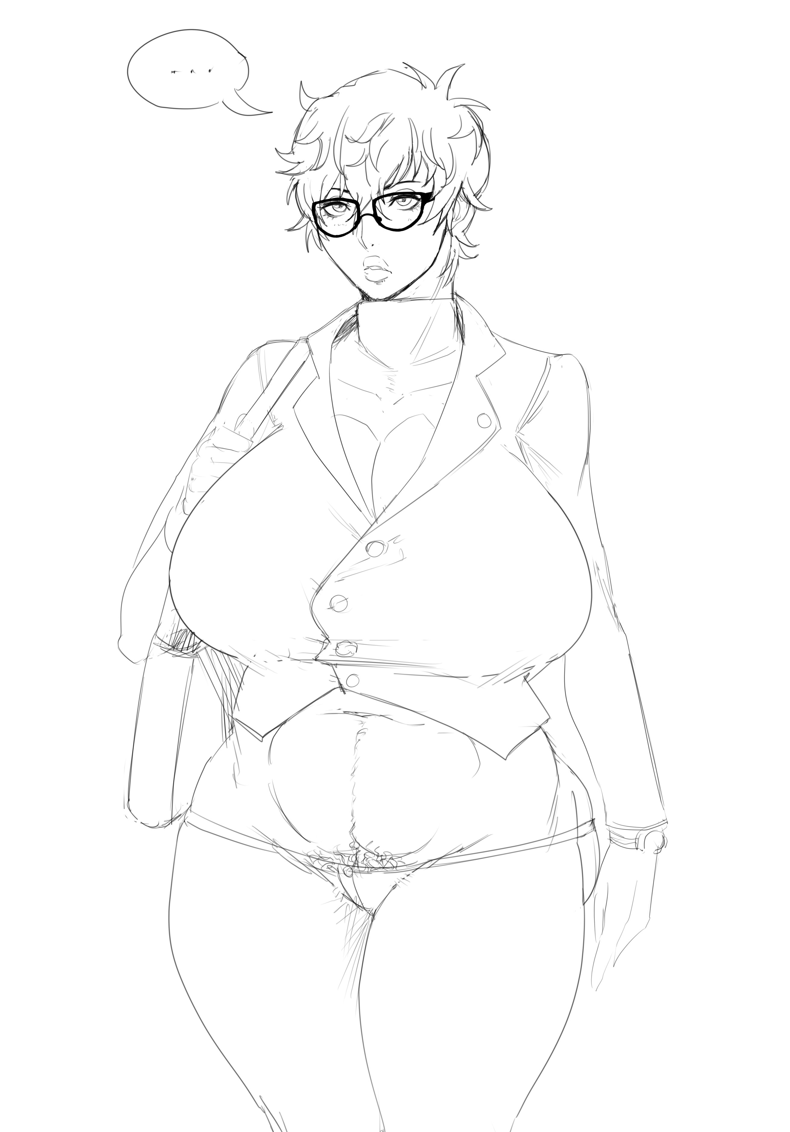 akira kurusu, breasts, female, hairy pussy, huge breasts, joker (persona), persona, persona 5, pubes, pubic hair, pussy, pussy hair, ren amamiya, rule 63, sketch, venus body, ysr3215