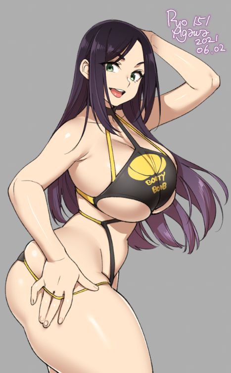 1girls, barely contained, big thighs, breasts, bursting breasts, busty, cleavage, female, female only, green eyes, huge breasts, long hair, purple hair, ryo agawa, solo, thick thighs, wide hips