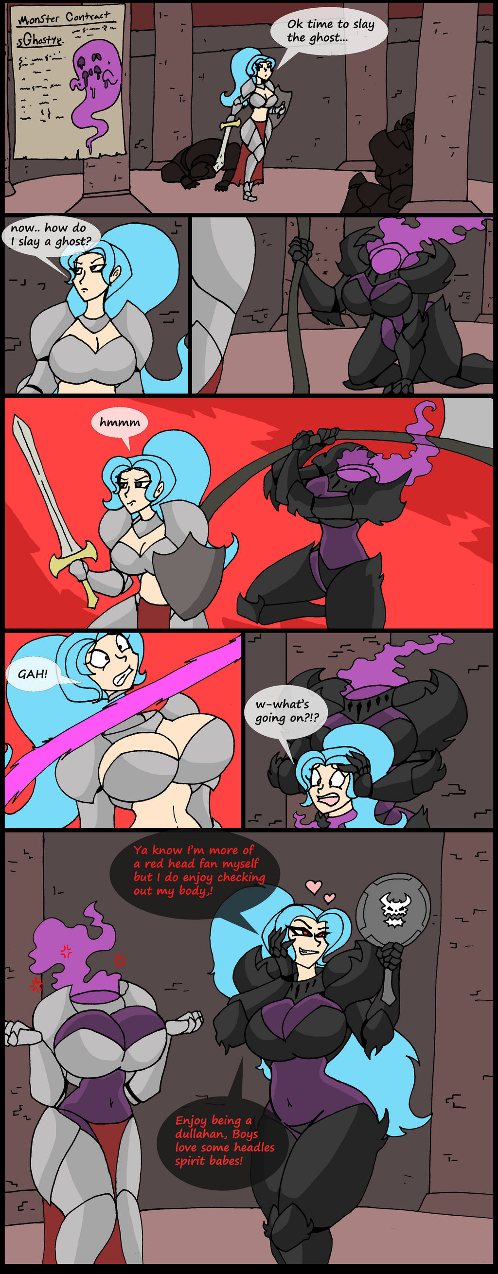2girls, breast expansion, breast growth, breast growth (enlargement), breasts, corruption, da-fuze, decapitation, dullahan, eye color change, female, head swap, identity death, knight, multiple females, multiple girls, skin color change, still alive, transformation, transformation sequence