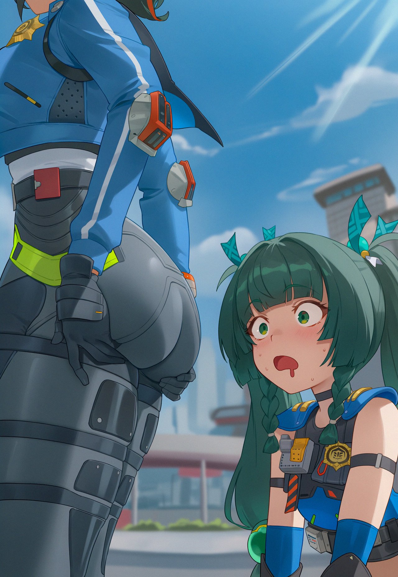 2girls, ai generated, ass, ass focus, bangs, big ass, blush, braid, drooling, female, female only, gloves, green eyes, green hair, helmet, heretikka, hoyoverse, looking at ass, open mouth, qingyi (zenless zone zero), yuri, zenless zone zero, zhu yuan