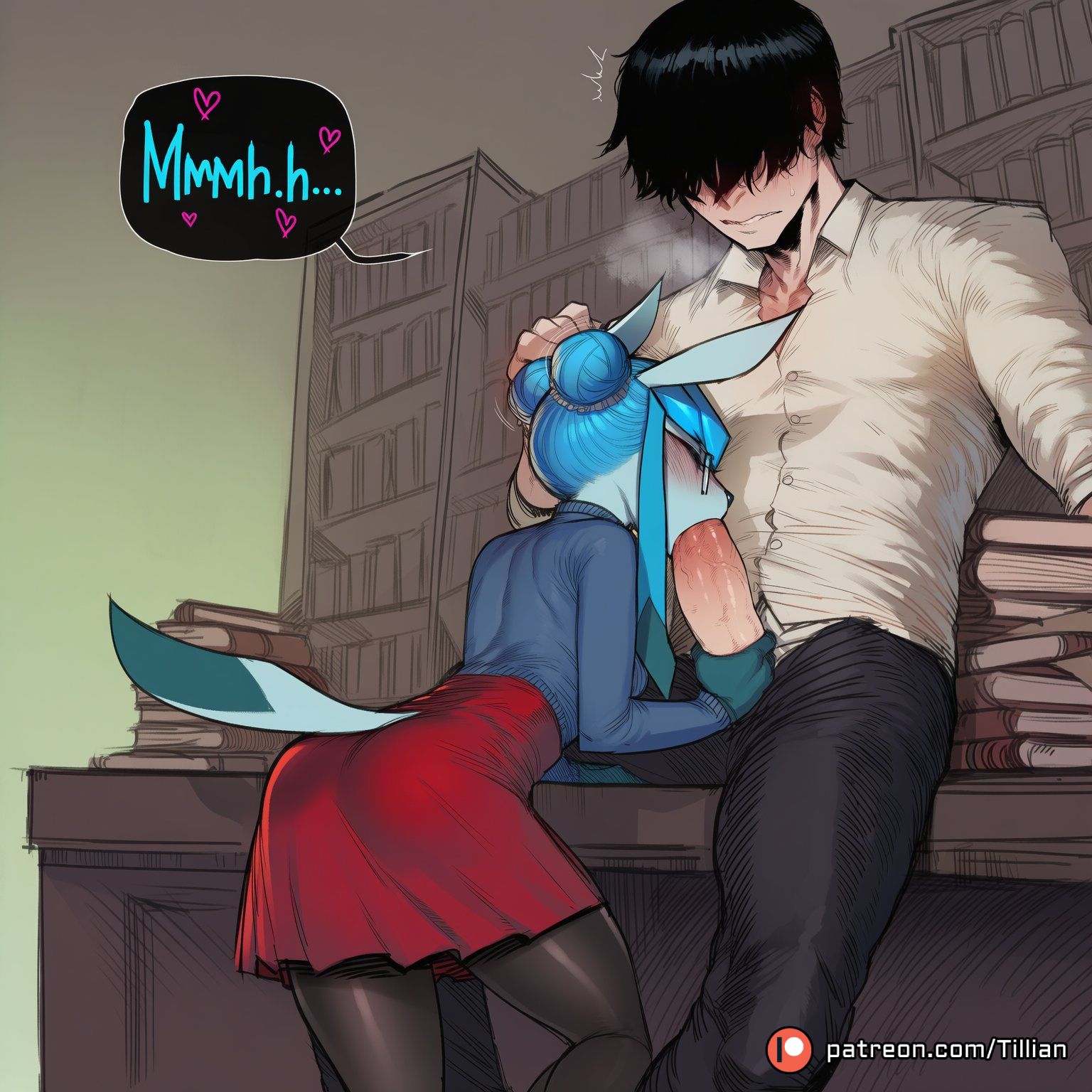 1boy, ai generated, animal ears, anthro, anthro on human, anthro on male, ass, assertive female, big cock, big penis, black hair, black pants, black pantyhose, blowjob, blue fur, blue hair, blue skin, blue sweater, blunt bangs, blush, book, book stack, bookshelf, borrowed character, butt, closed eyes, clothed, clothed female, clothed male, clothed sex, clothing, cock, colored skin, desk, double bun, eeveelution, english text, erection, fellatio, female, female anthro, female pokemon, female pokemon/male human, furry, furry female, furry with non-furry, glaceon, glasses, hair bun, hair over eyes, hand on another's head, handjob, heart, heavy breathing, human, human male, human male on anthro female, human on anthro, human on pokemon, indoors, interspecies, large penis, library, light skin, light-skinned male, long hair, long sleeves, male, male human/female anthro, male human/female pokemon, male on anthro, male/female, on desk, opaque glasses, oral, oral sex, pants, pantyhose, patreon logo, patreon username, penis, penis grab, penis out, pokemon, pokemon (species), red skirt, round eyewear, shirt, short hair, sidelocks, sitting, skirt, snout, spoken heart, stealth sex, straight, sweater, tail, thighs, tillian, uncensored, white shirt