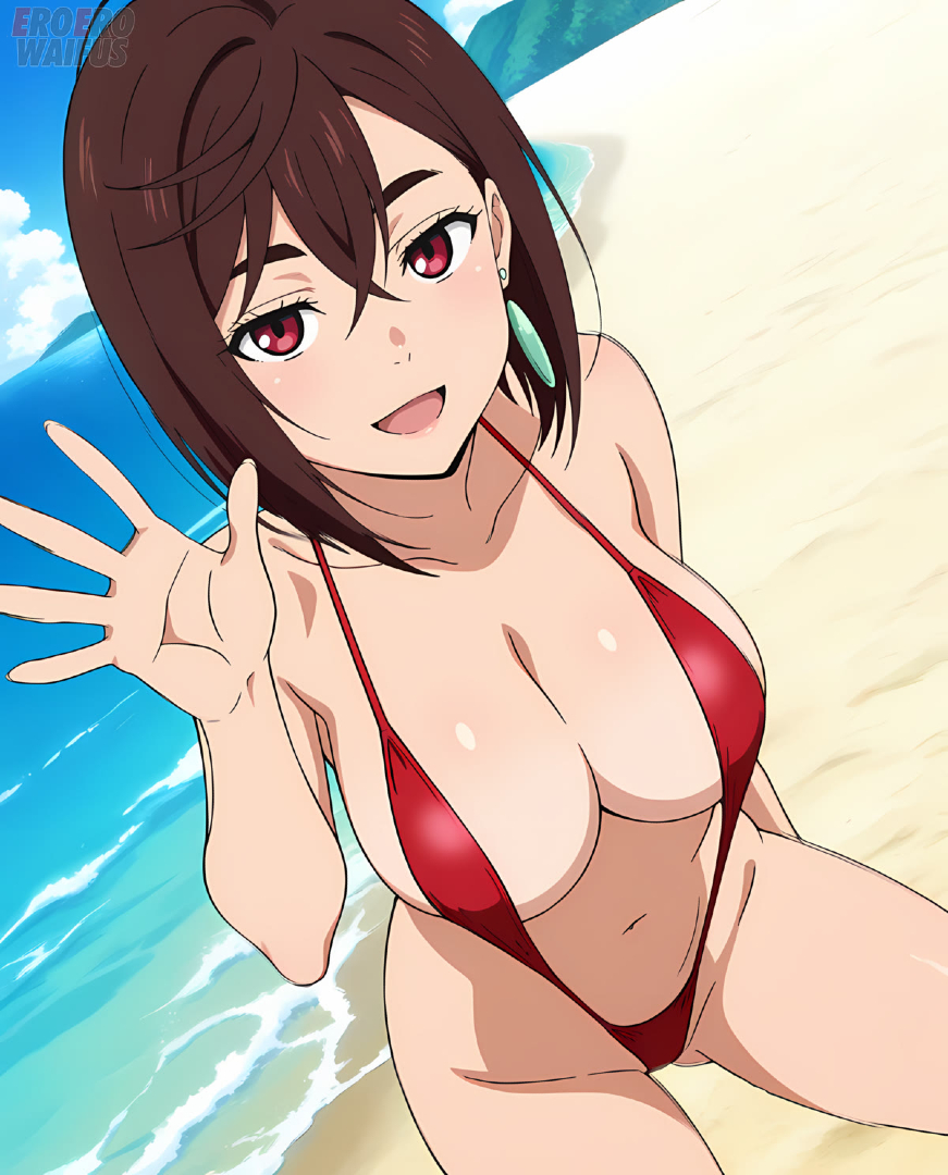 ai generated, ayase momo, bare thighs, beach, big breasts, breasts, brunette hair, dandadan, eroero waifus, female, huge breasts, huge thighs, light skin, light-skinned female, looking at viewer, massive breasts, red eyes, short hair, shounen jump+, sling bikini, slingshot swimsuit, smiling, solo female, squatting, sweat, sweatdrop, thick body, thick female, thick thighs, thighs, voluptuous, voluptuous female