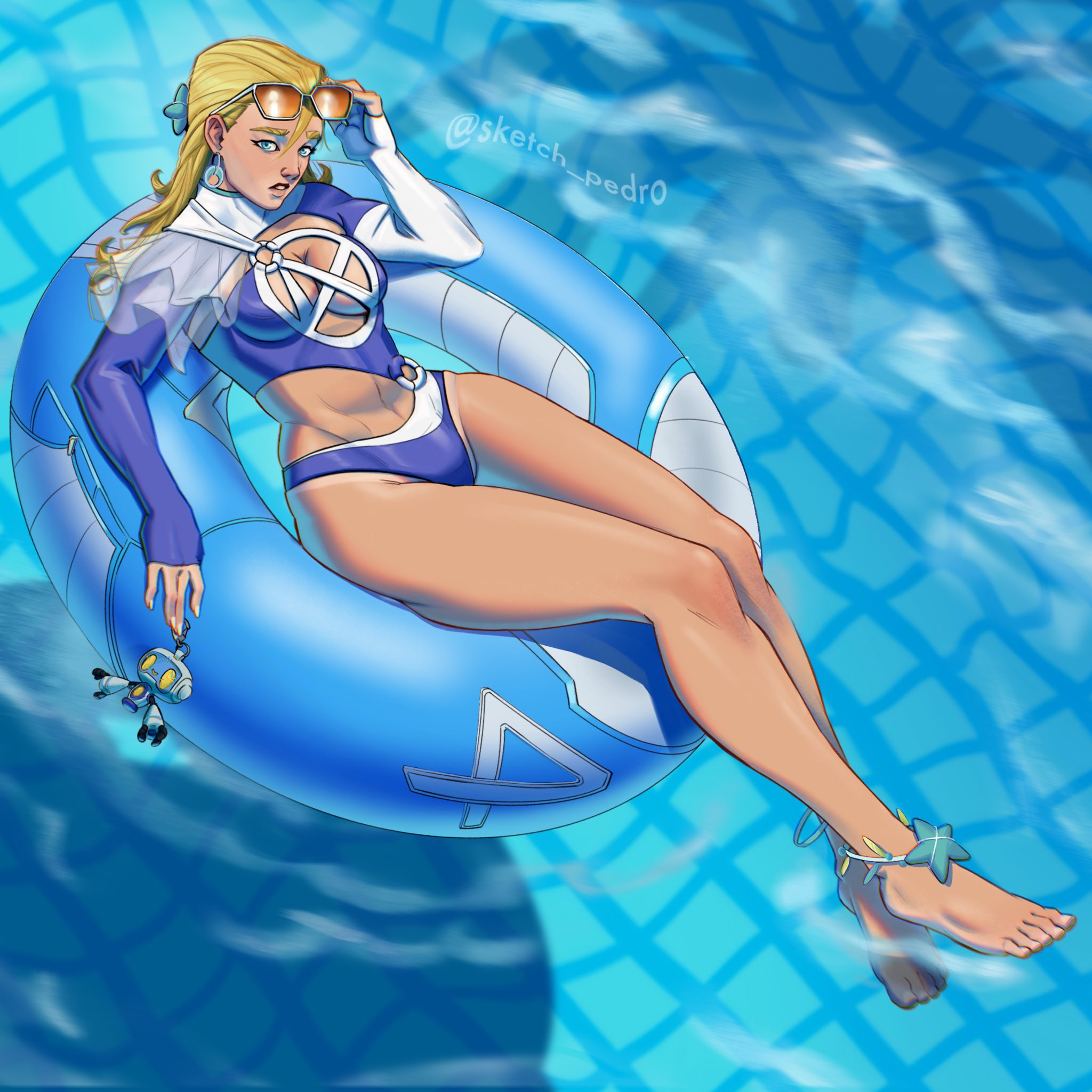belly, blonde hair, blue eyes, breasts, cleavage, cleavage cutout, earrings, eyewear on head, fantastic four, female, floatie, invisible woman, invisible woman (azure shade), invisible woman (marvel rivals), large breasts, looking up, marvel, marvel comics, marvel rivals, sketch pedro, sue storm, sunglasses, swimsuit