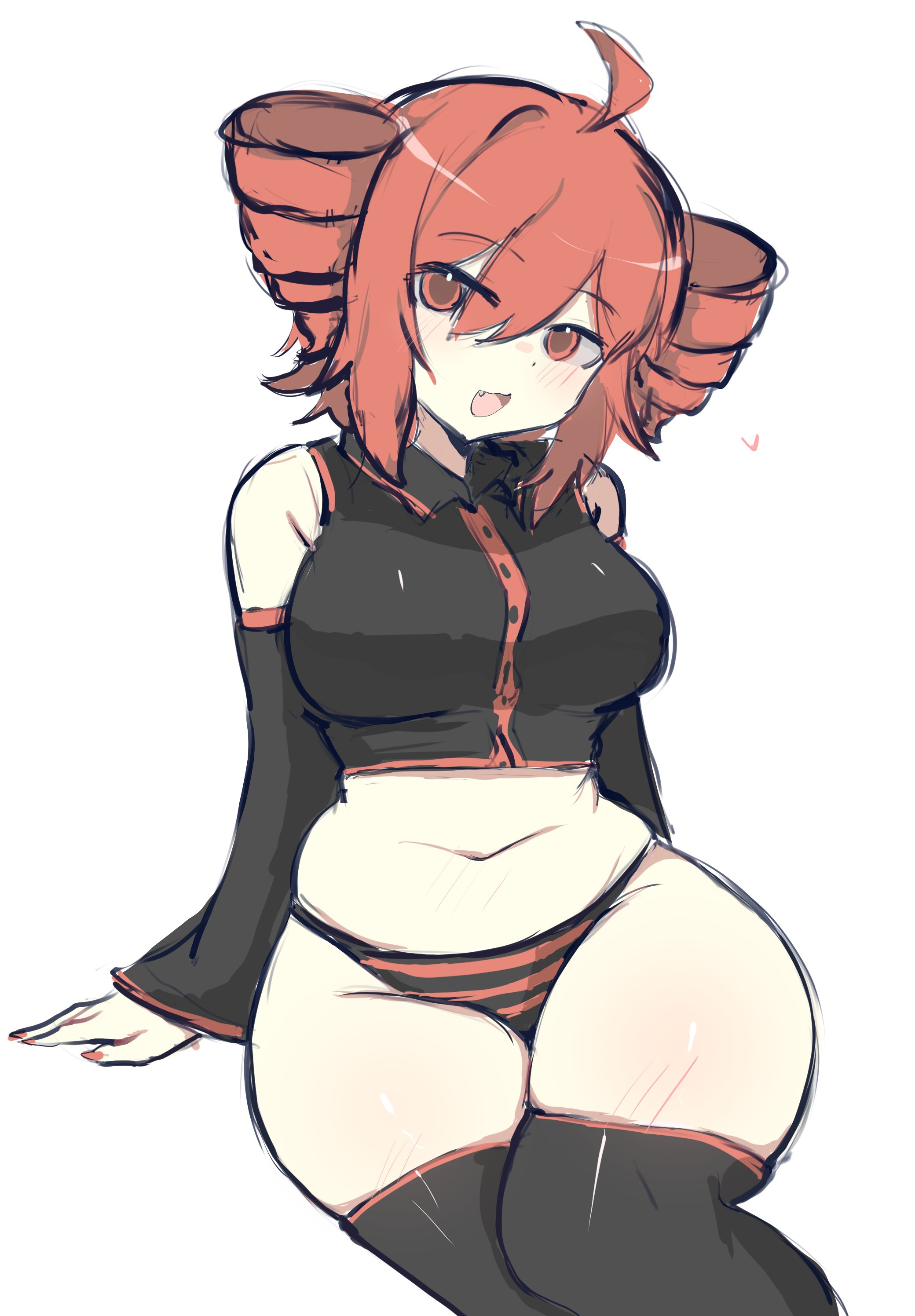 :3, 1girls, ahoge, cute fang, drill hair, female, heart, kasane teto, melink (artist), nail polish, painted nails, panties, red eyes, red hair, red nails, solo, striped panties, tagme, thick thighs, thighhighs, thighs, twin drills, utau, voluptuous female, white background