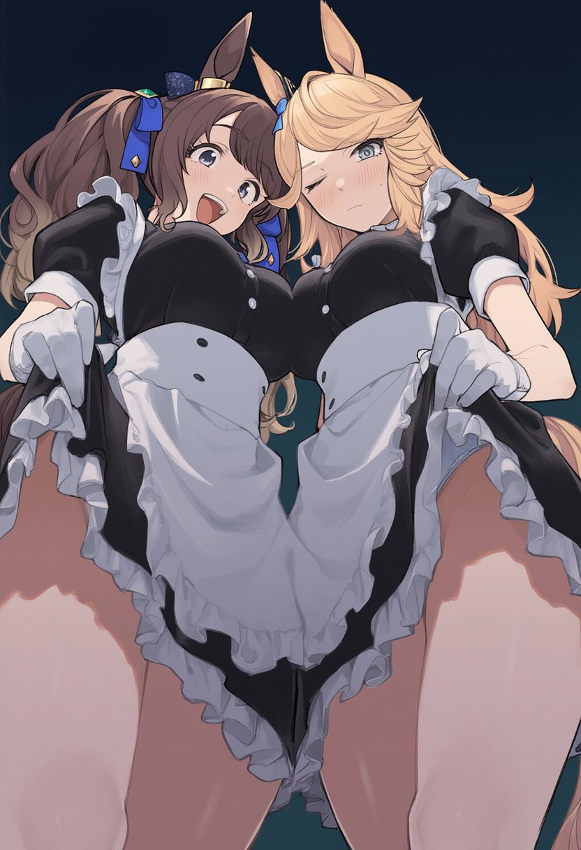 2girls, ai generated, animal ears, artist request, blonde hair, blue eyes, blue ribbon, bow knot ribbon, breasts, female, gold city (umamusume), groin, gyaru, horse girl, long hair, maid uniform, no panties, ribbon in hair, skirt lift, tosen jordan (umamusume), twintails, umamusume, umamusume pretty derby